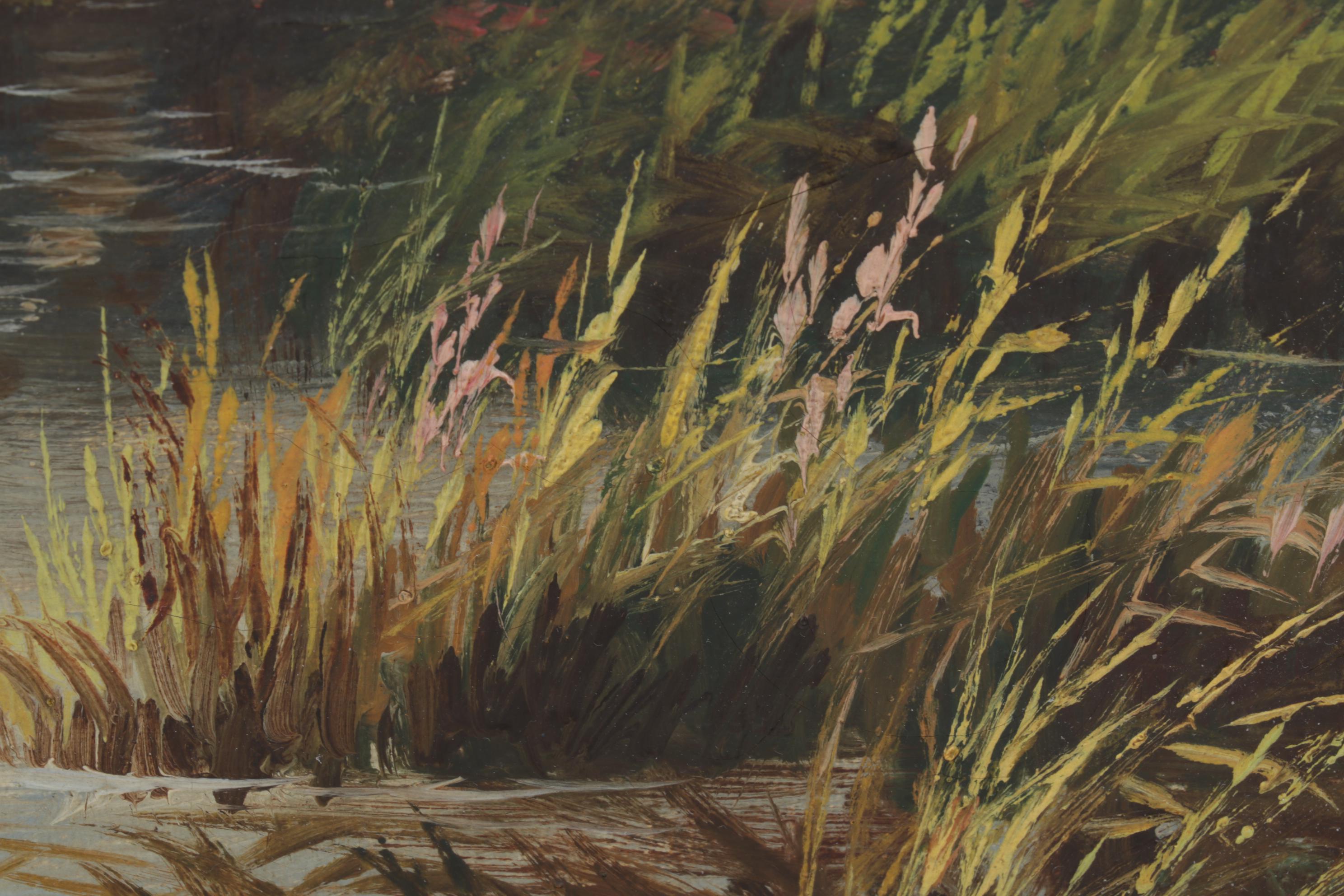 E. Cole Oil Painting of Cottage Beside Marshy Pond, Early 20th Century