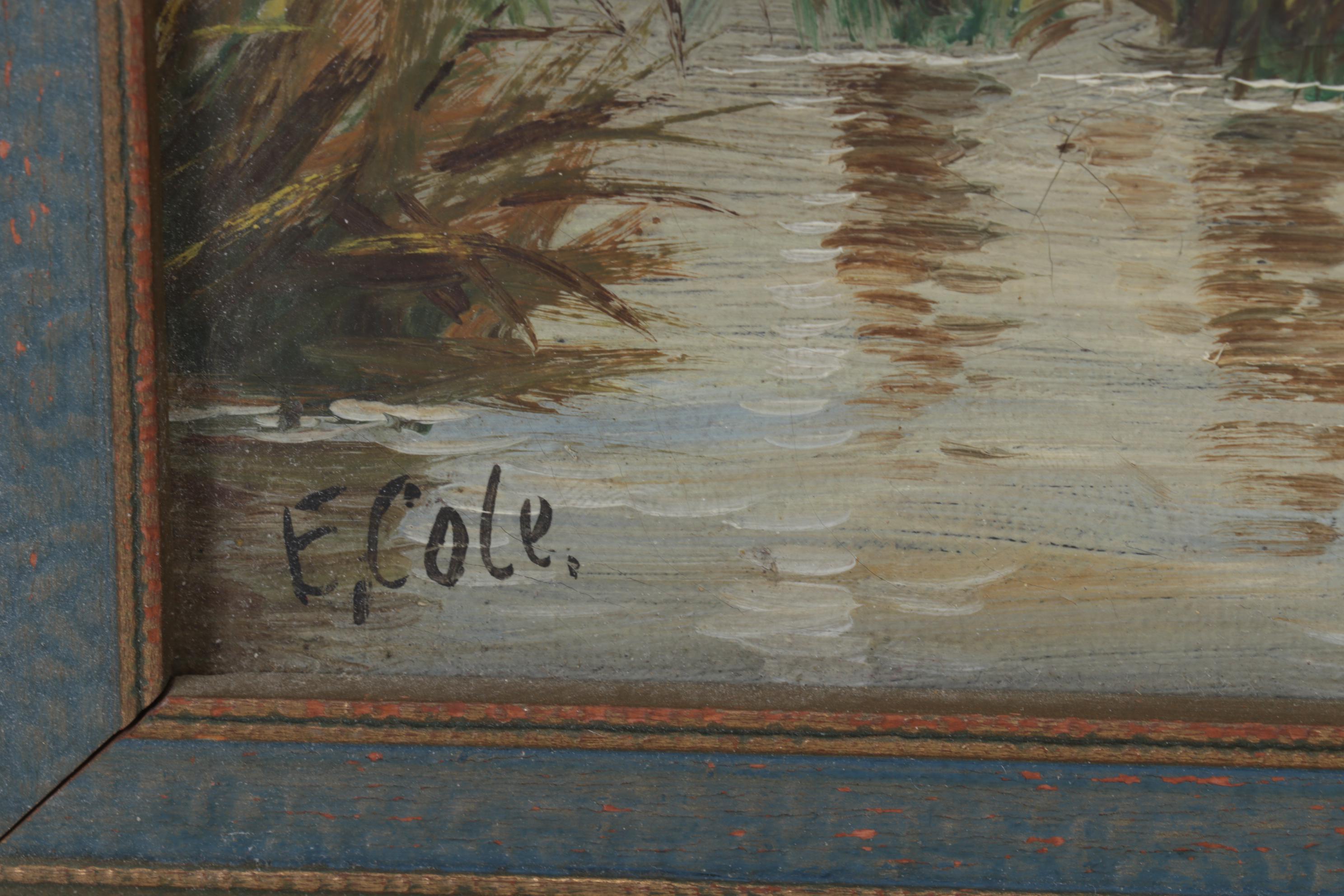 E. Cole Oil Painting of Cottage Beside Marshy Pond, Early 20th Century