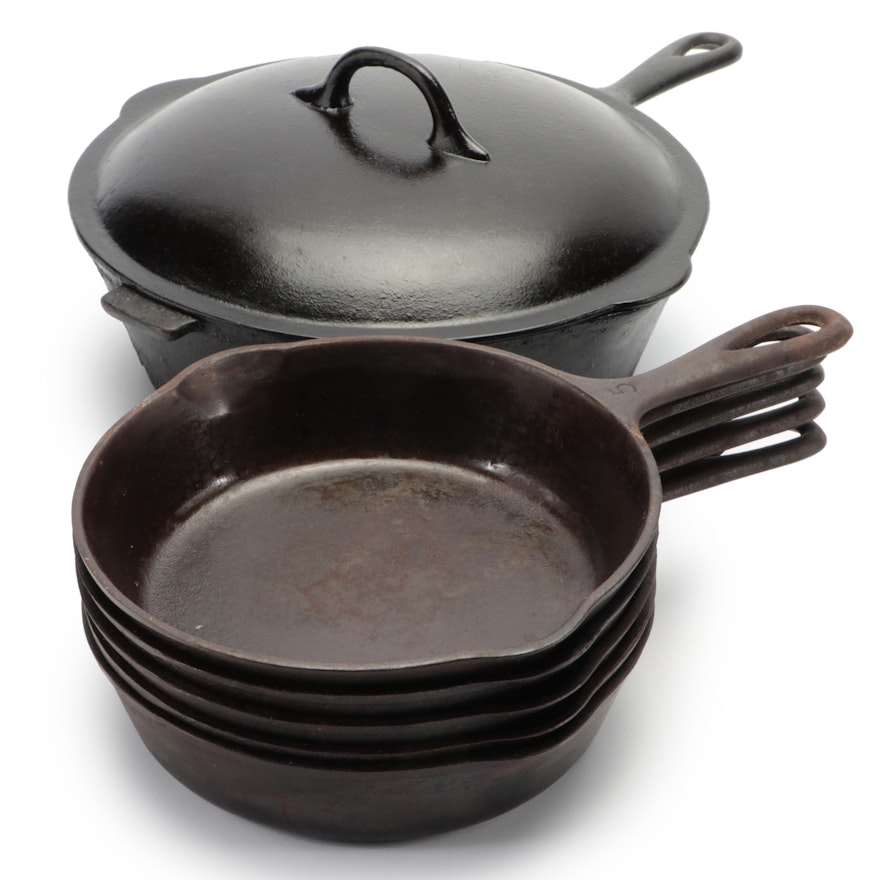 Wagner Ware No. 5 Cast Iron Skillets with Other Deep Skillet, 20th Century