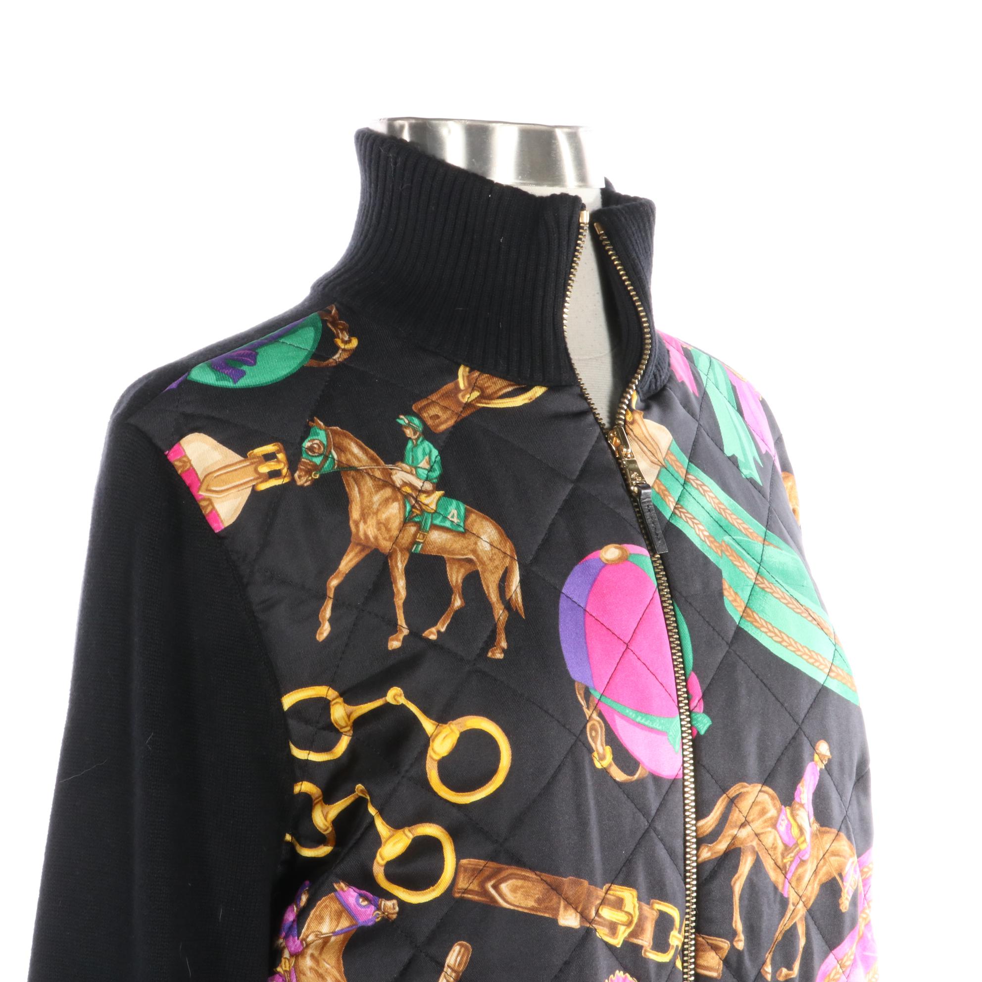 Lauren Ralph Lauren Equestrian Print Zip Jacket in Quilted Silk and Cotton Knit