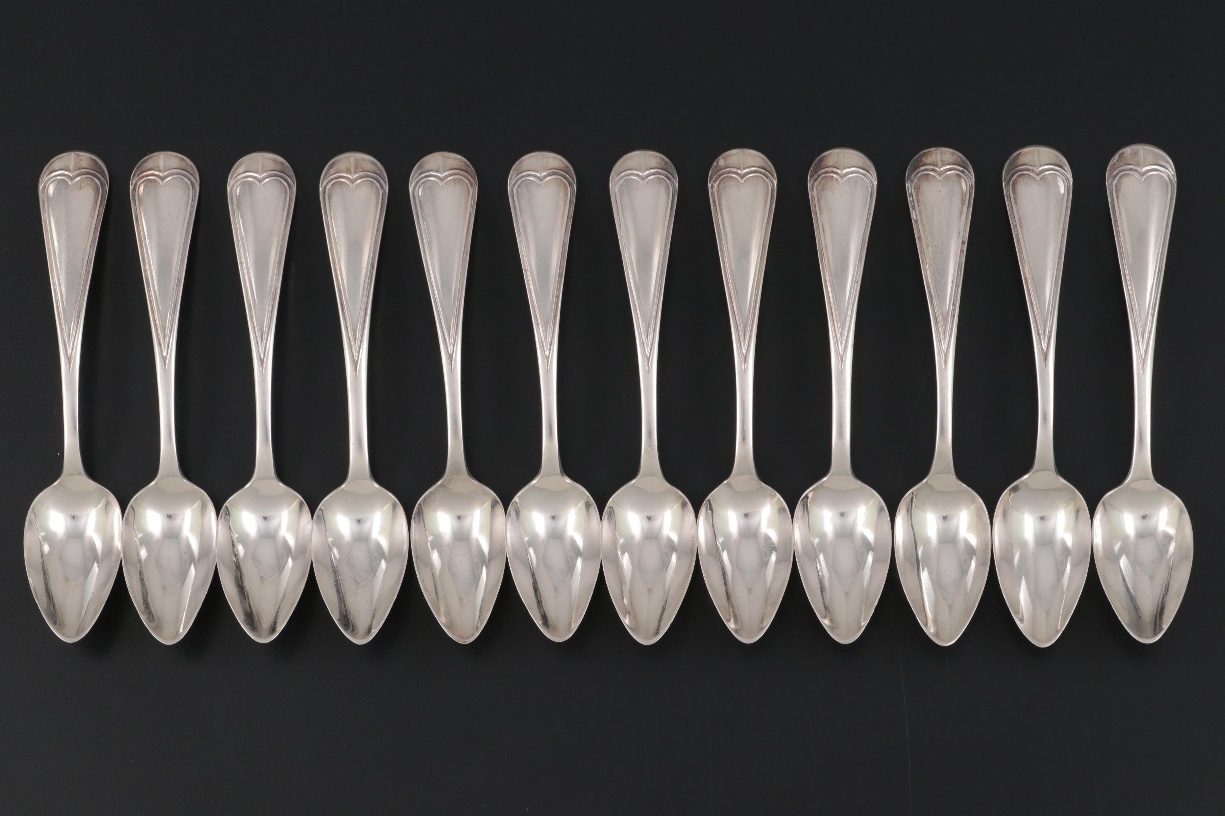 Dutch 833 Silver Demitasse Spoons with Strainer and Tongs in Burl Wood Case