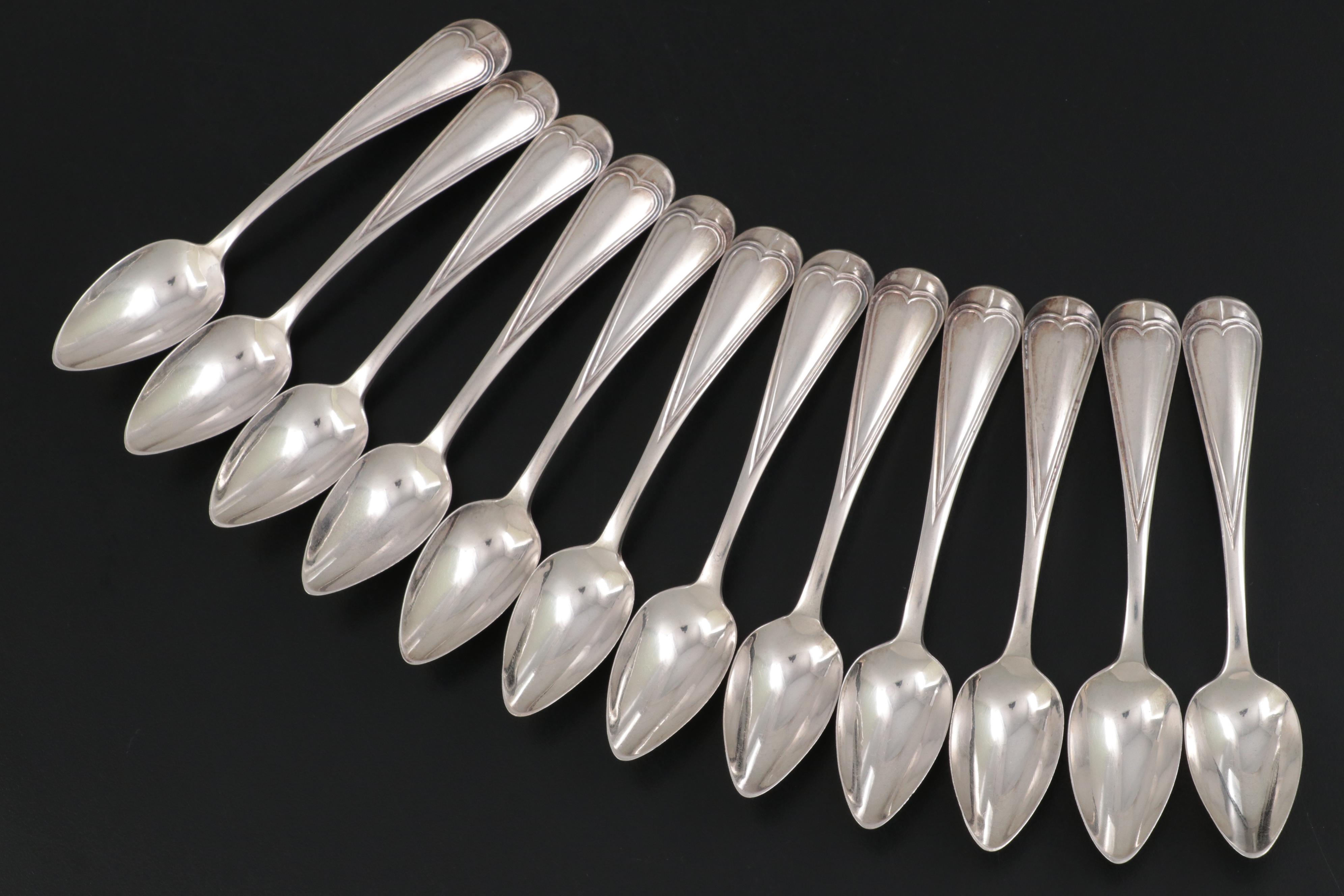 Dutch 833 Silver Demitasse Spoons with Strainer and Tongs in Burl Wood Case