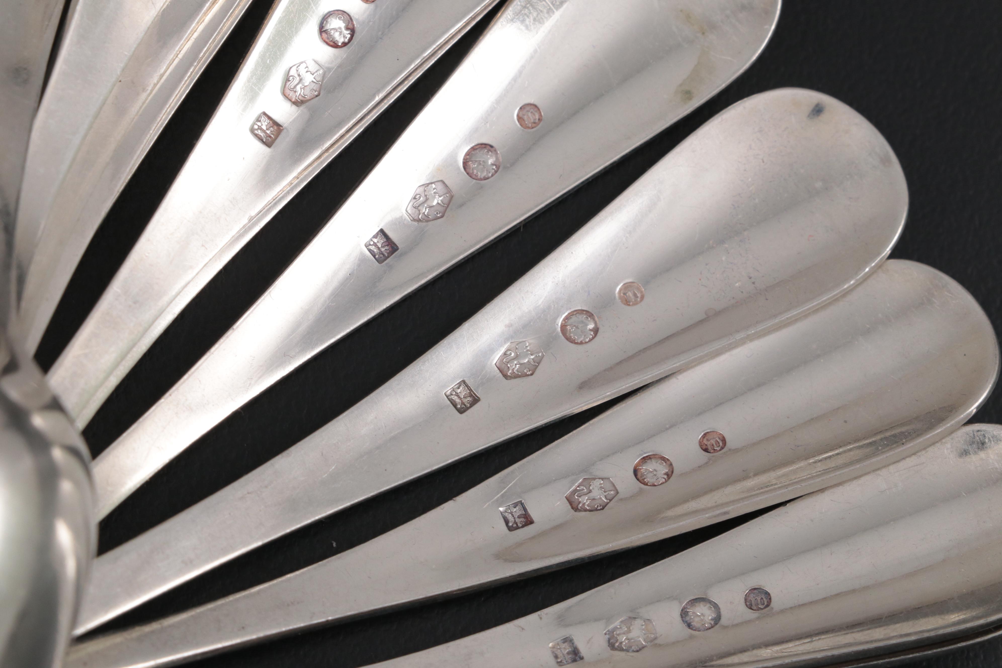 Dutch 833 Silver Demitasse Spoons with Strainer and Tongs in Burl Wood Case