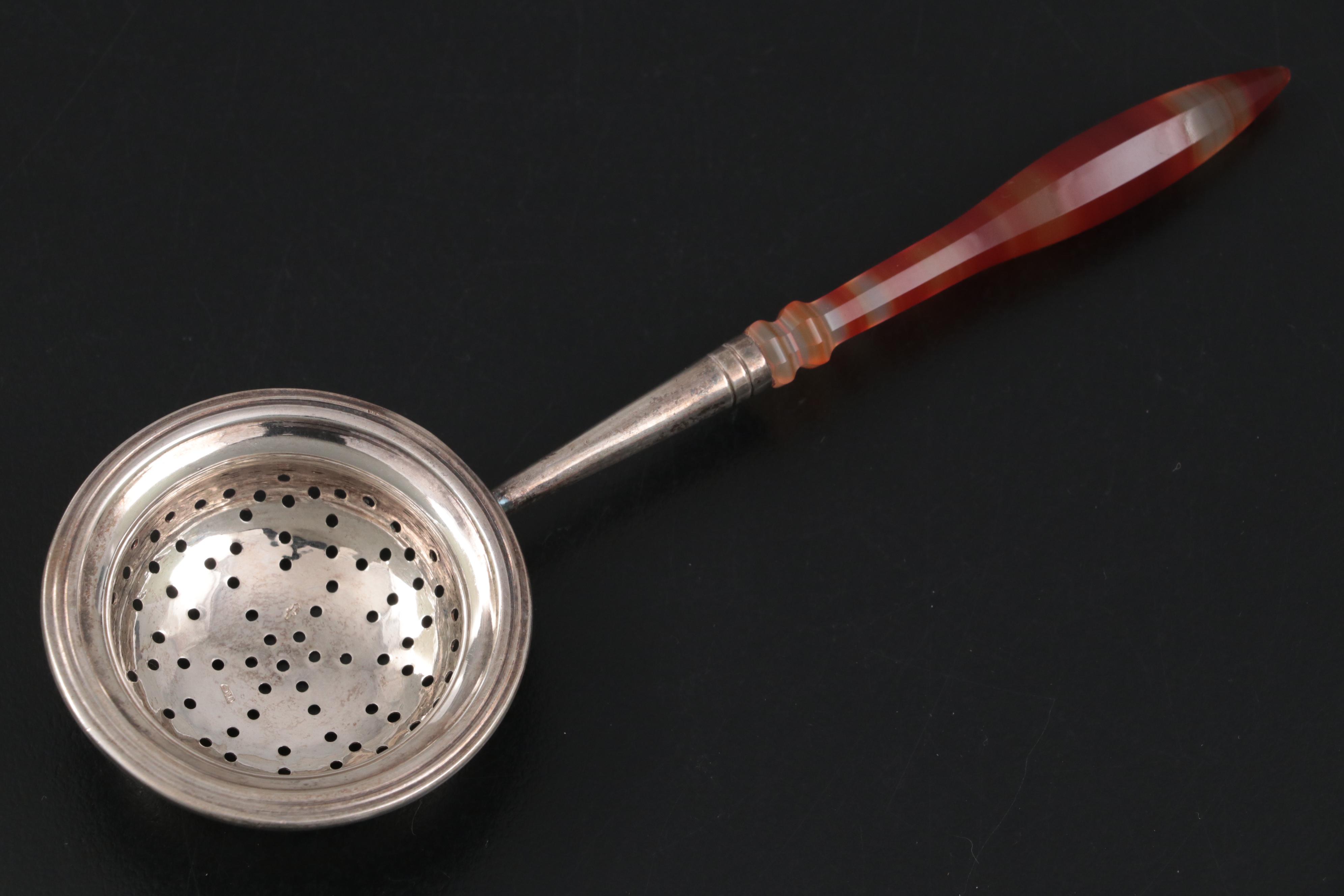 Dutch 833 Silver Demitasse Spoons with Strainer and Tongs in Burl Wood Case