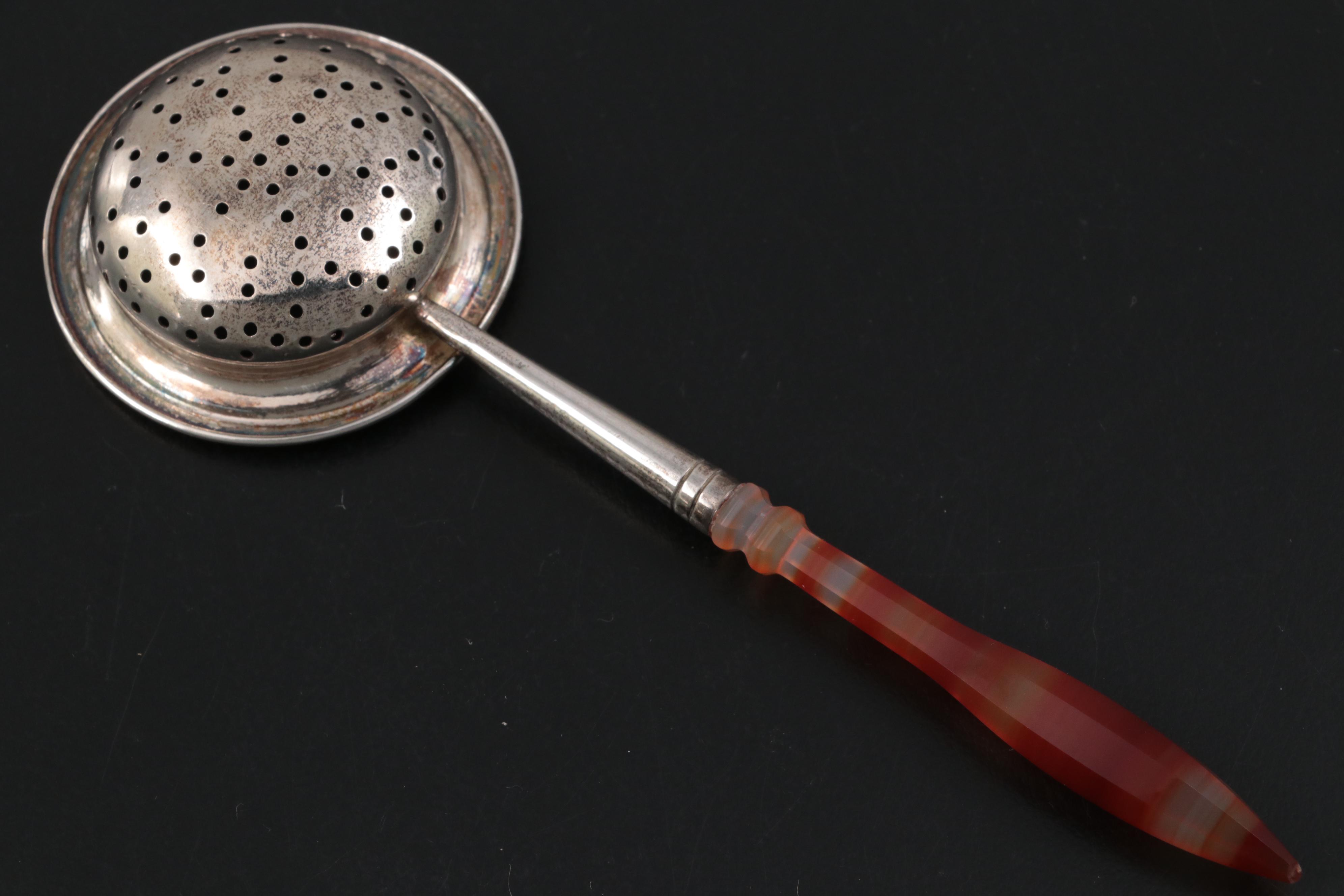 Dutch 833 Silver Demitasse Spoons with Strainer and Tongs in Burl Wood Case