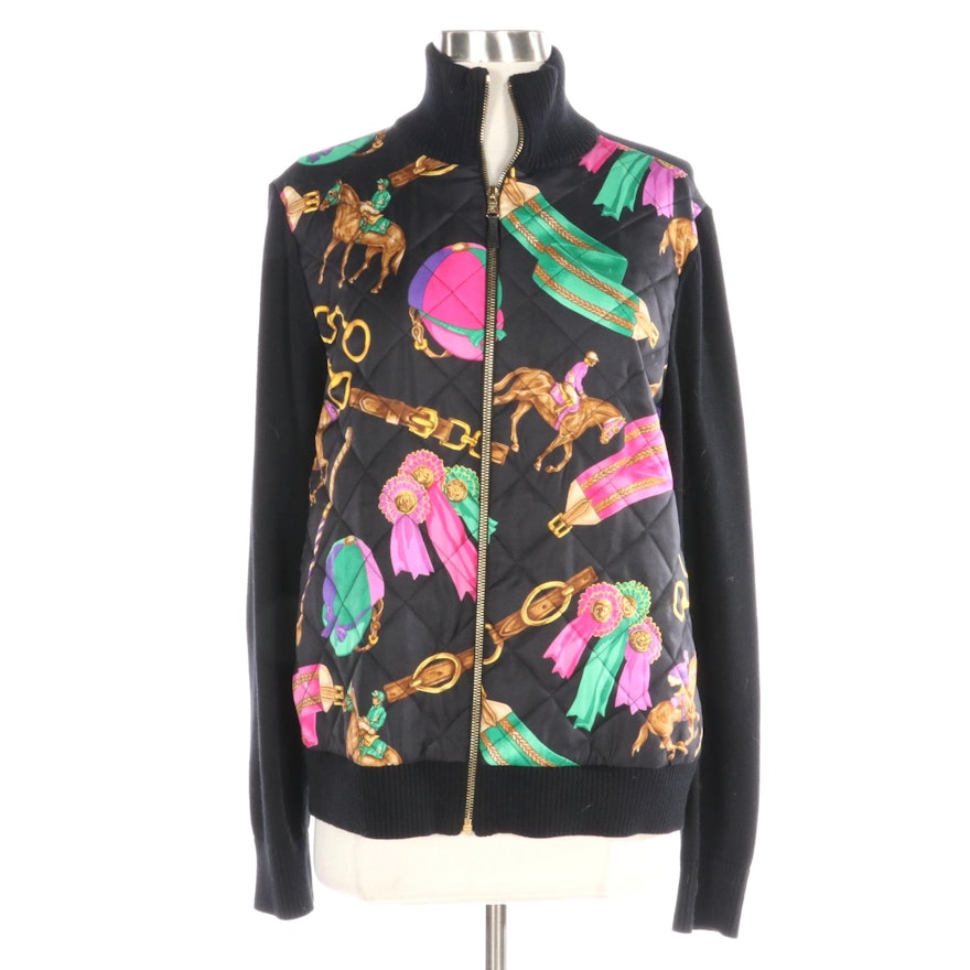 Lauren Ralph Lauren Equestrian Print Zip Jacket in Quilted Silk and Cotton Knit