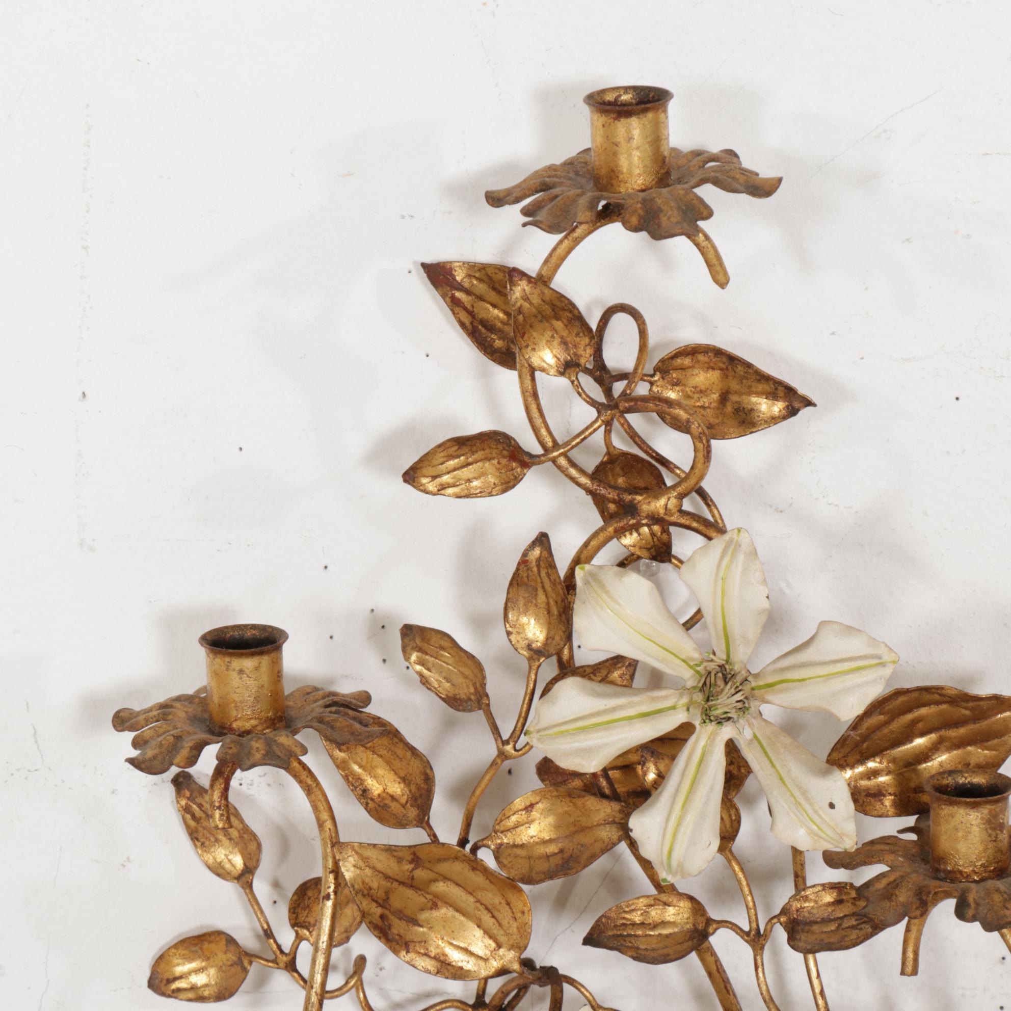 Italianate Style Gilt Metal Three-Light Wall Sconces, Mid to Late 20th Century