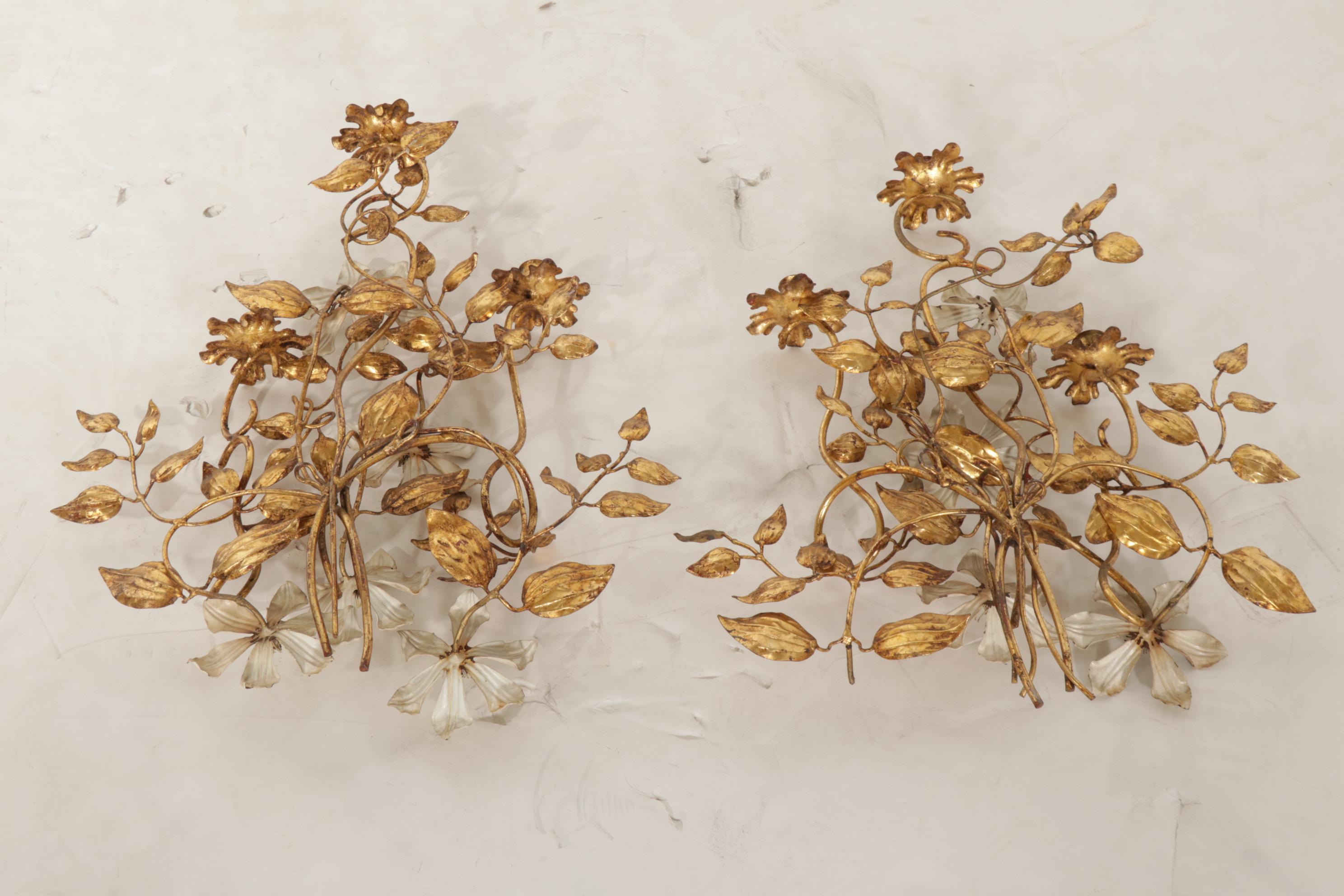 Italianate Style Gilt Metal Three-Light Wall Sconces, Mid to Late 20th Century