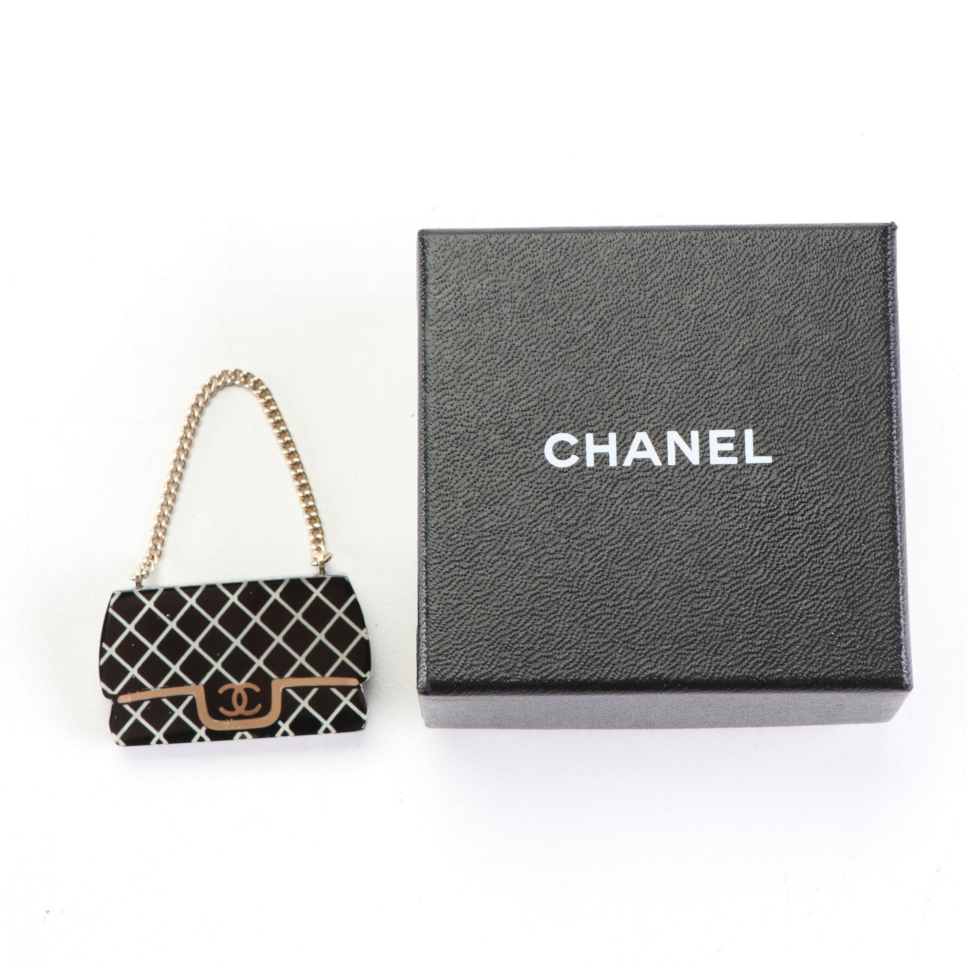 Chanel Classic CC Quilted Handbag Lapel Pin with Decorative Chain
