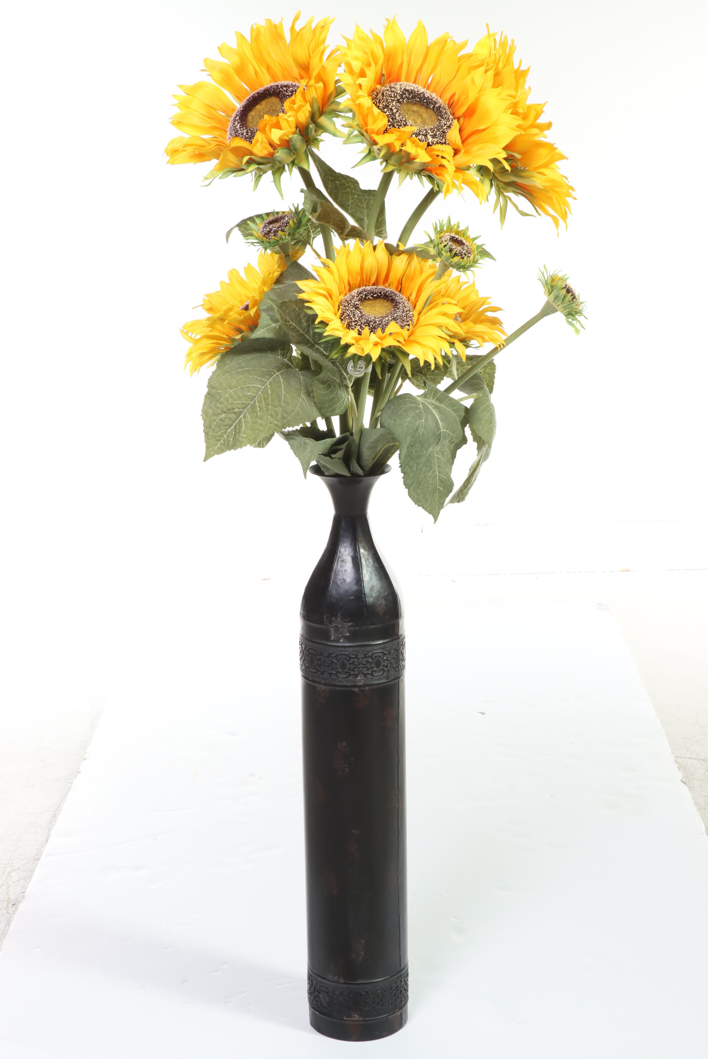 Artificial Sunflower Arrangement in Patinated Metal Floor Vase