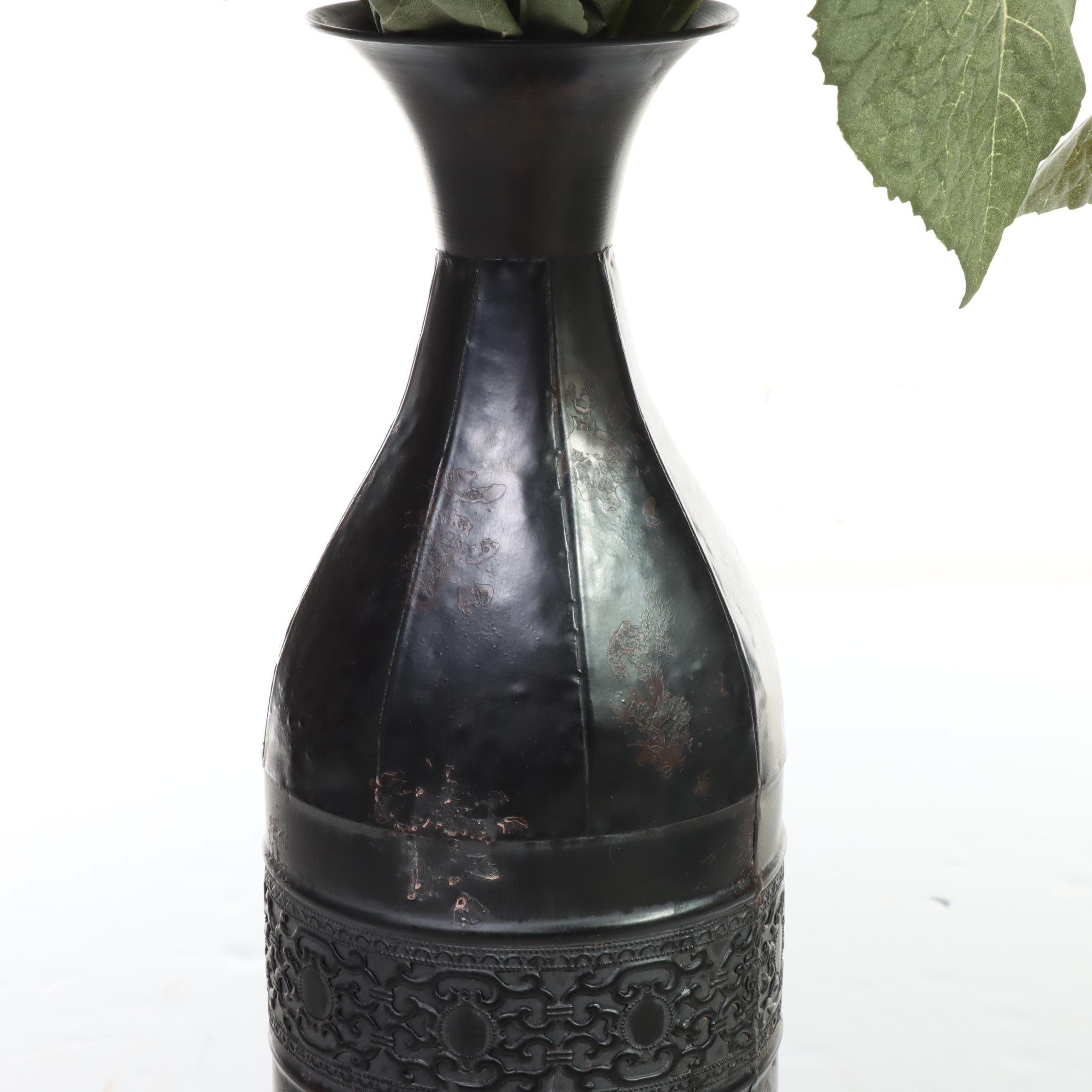 Artificial Sunflower Arrangement in Patinated Metal Floor Vase