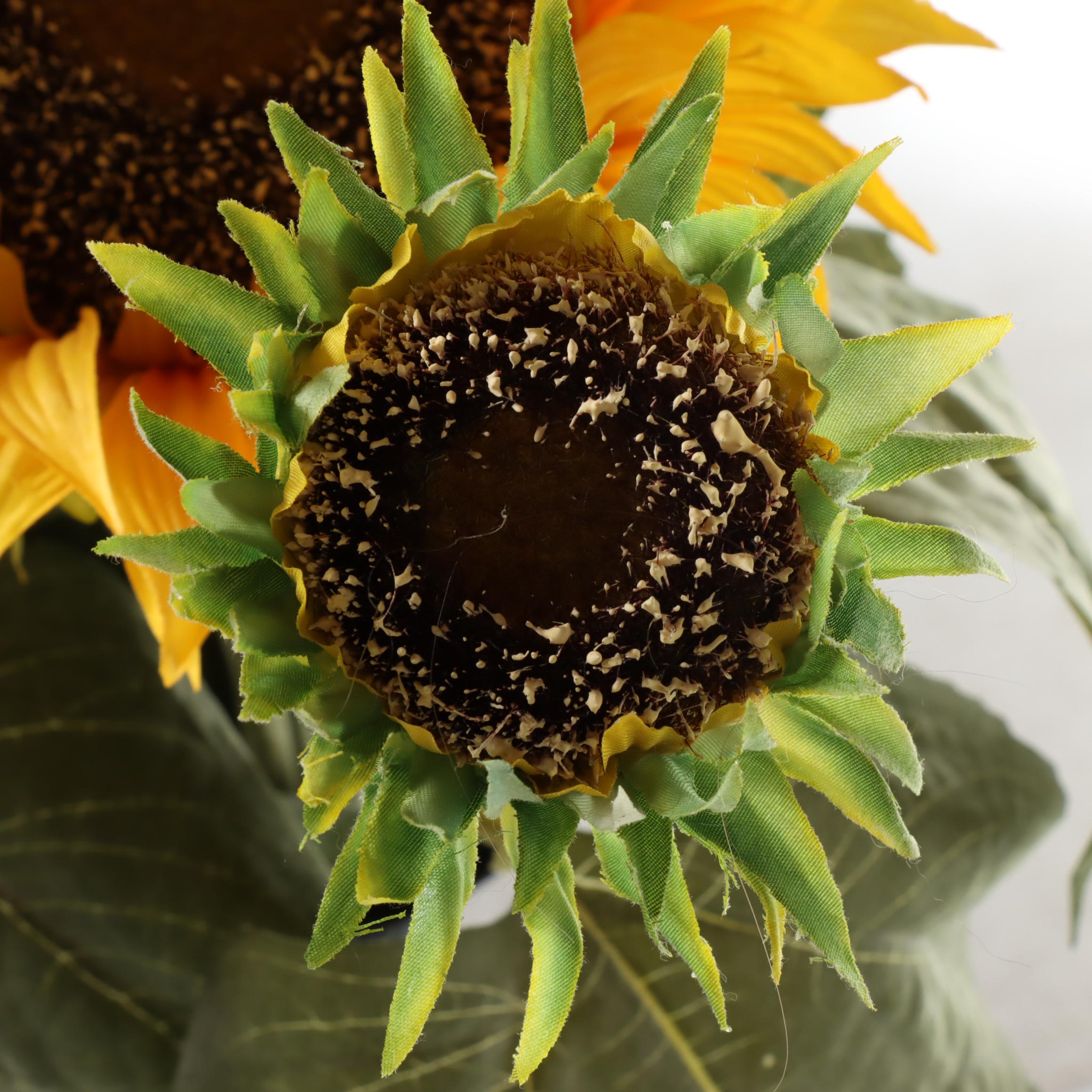 Artificial Sunflower Arrangement in Patinated Metal Floor Vase