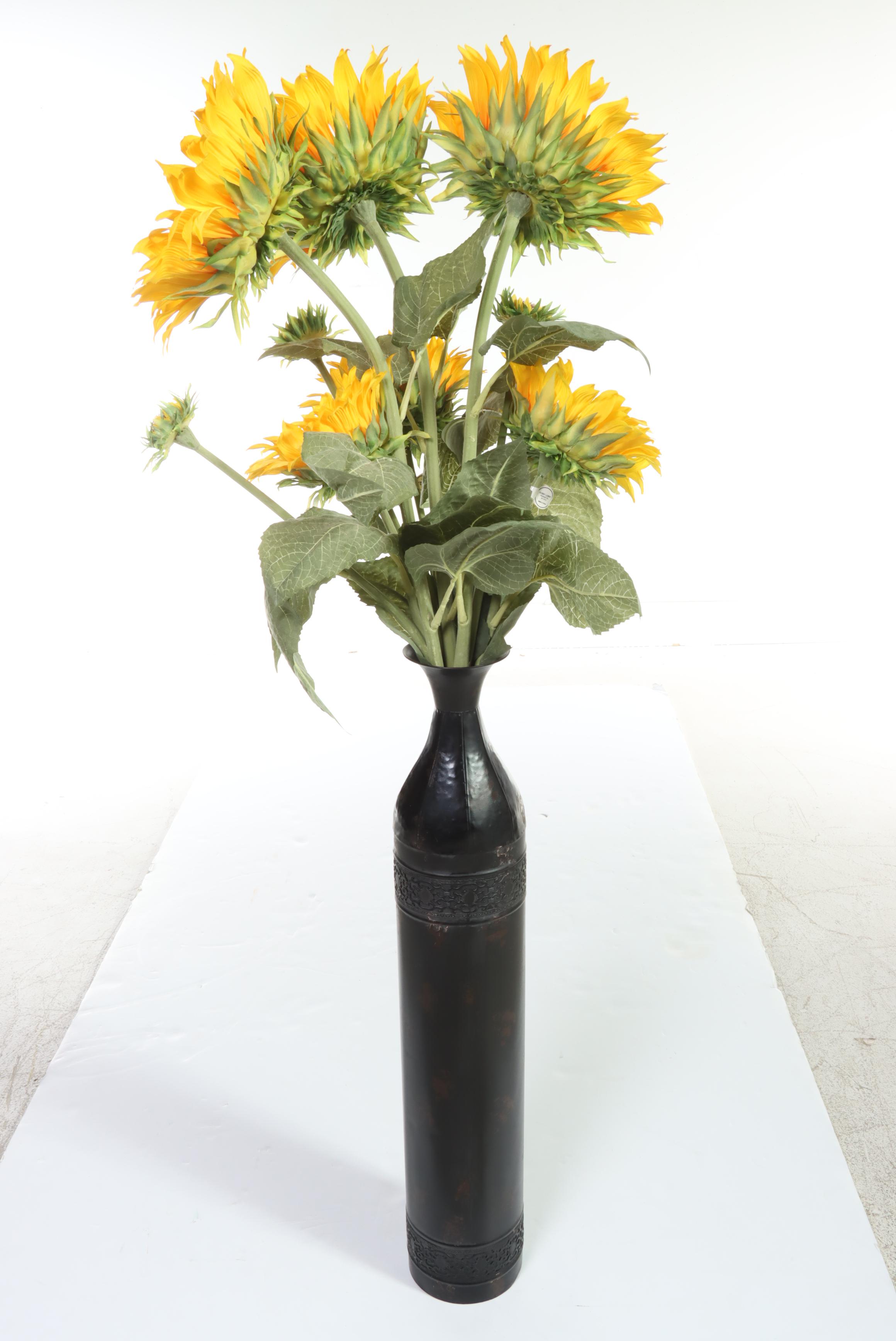 Artificial Sunflower Arrangement in Patinated Metal Floor Vase
