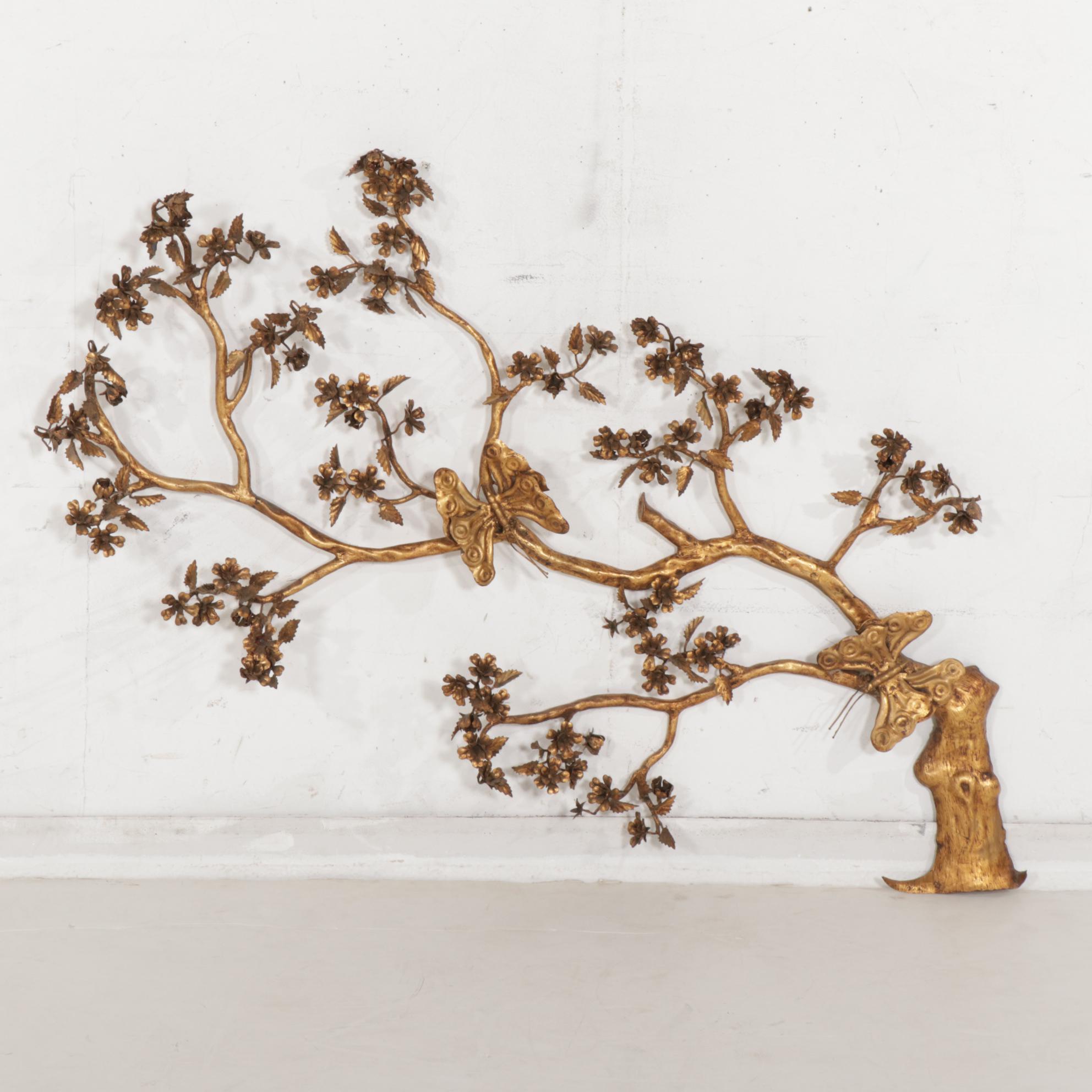 Gilt Blossoming Cherry Tree and Butterfly Wall Sculpture