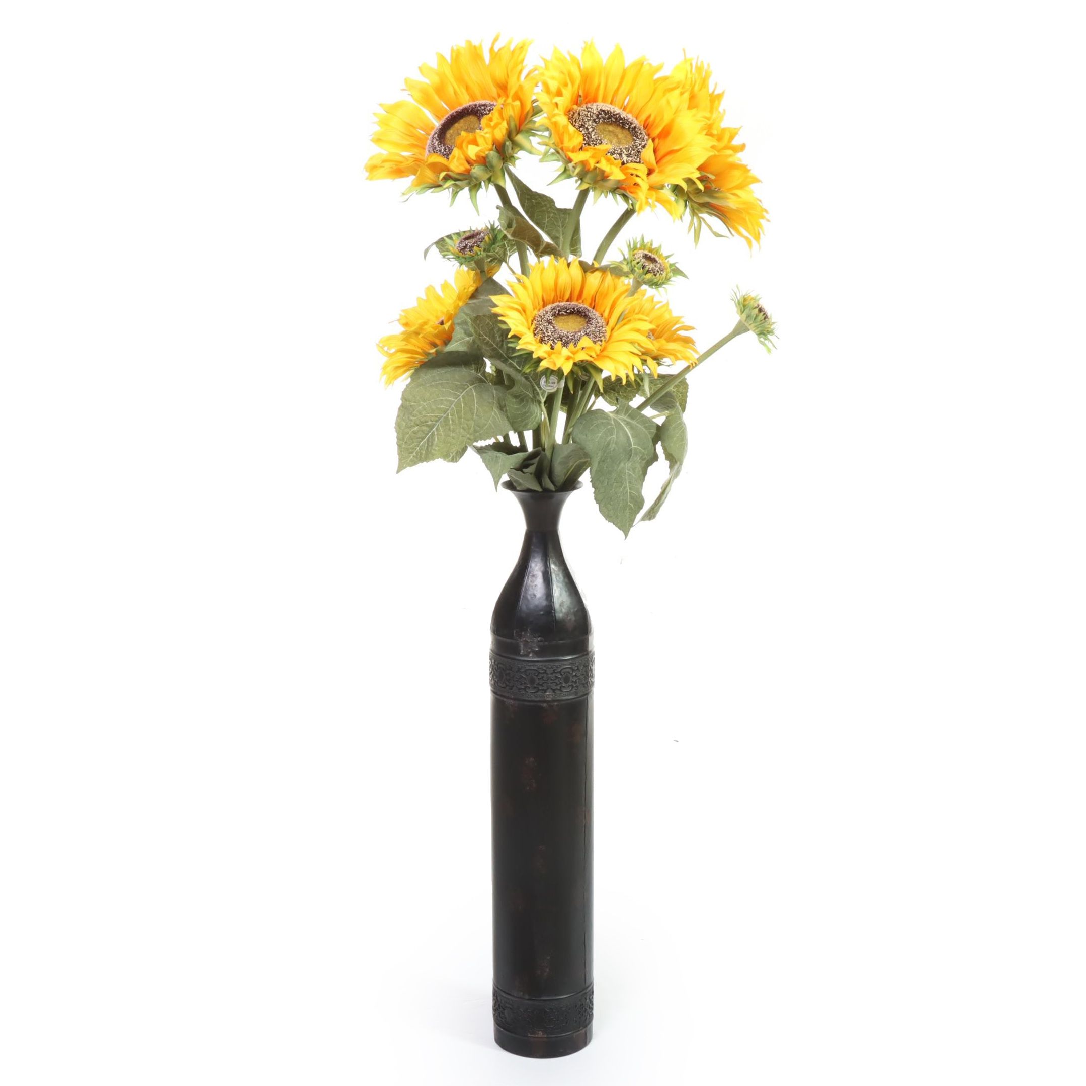 Artificial Sunflower Arrangement in Patinated Metal Floor Vase