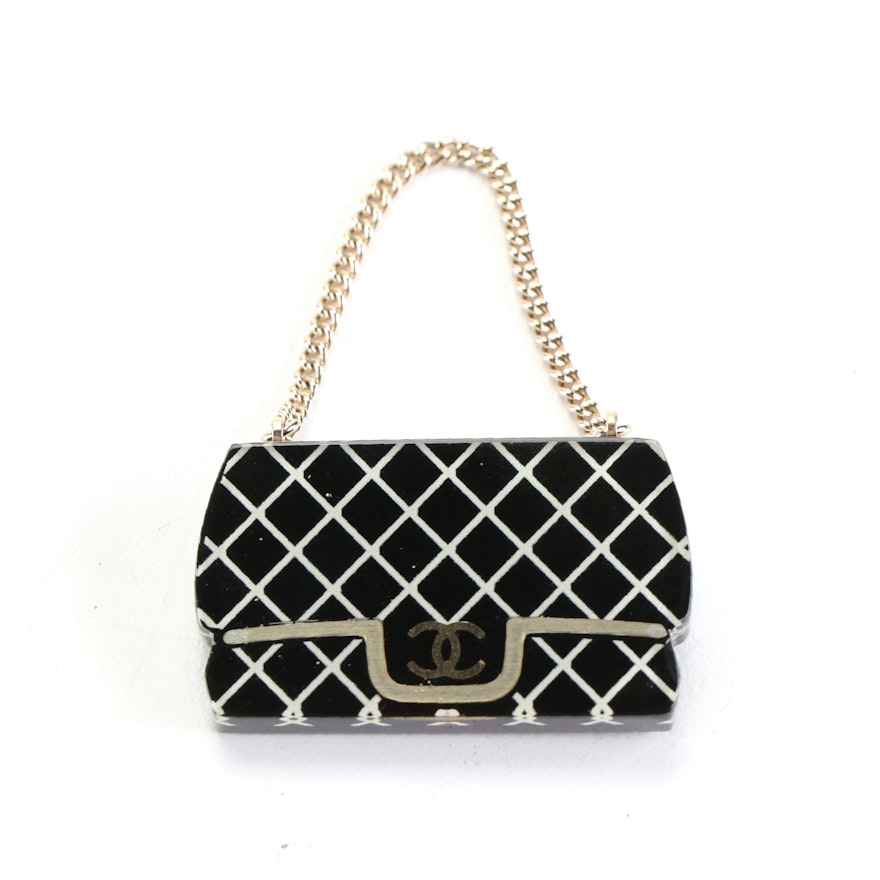 Chanel Classic CC Quilted Handbag Lapel Pin with Decorative Chain