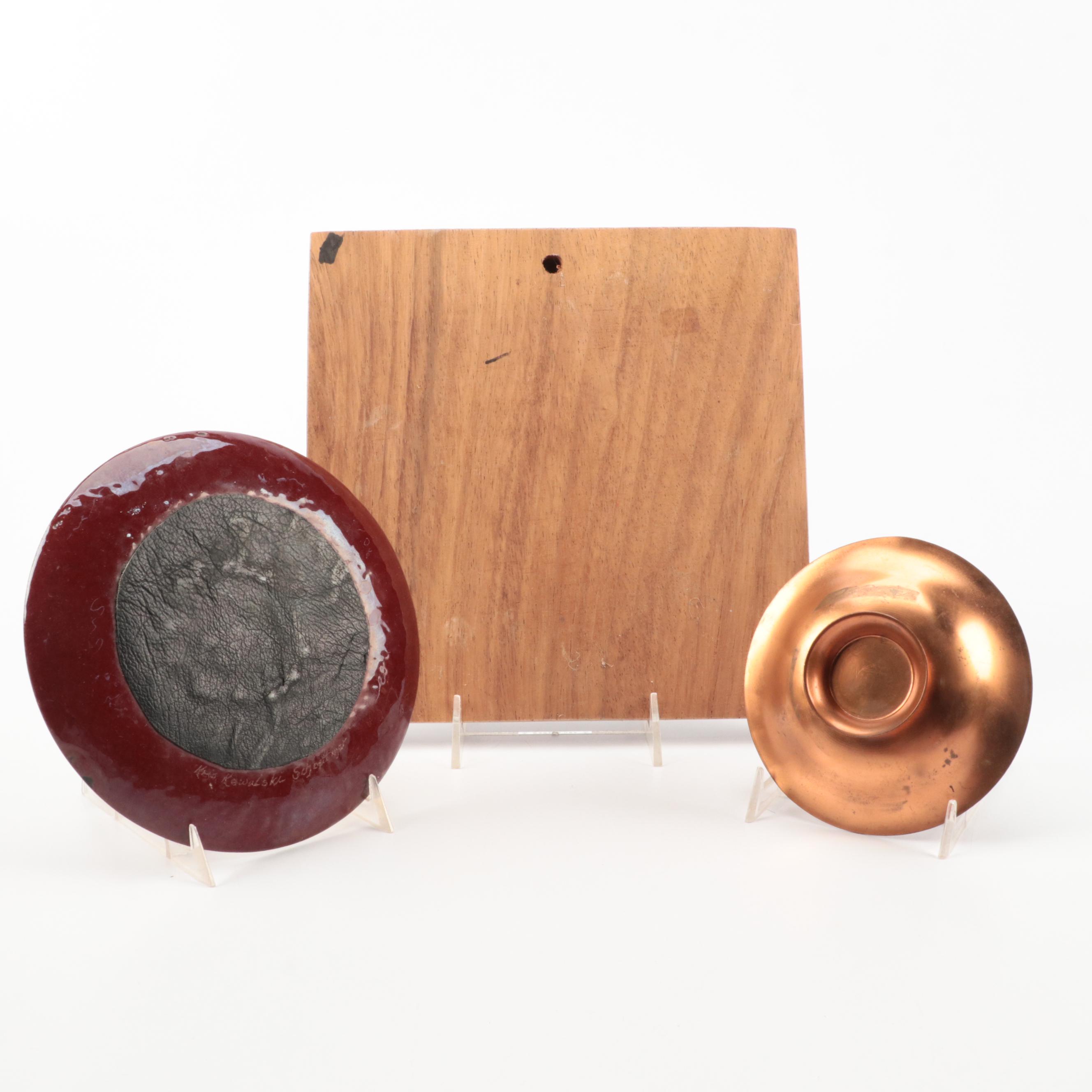 Artist Signed Hand-Painted Enameled Metal Dishes and Wall Plaque