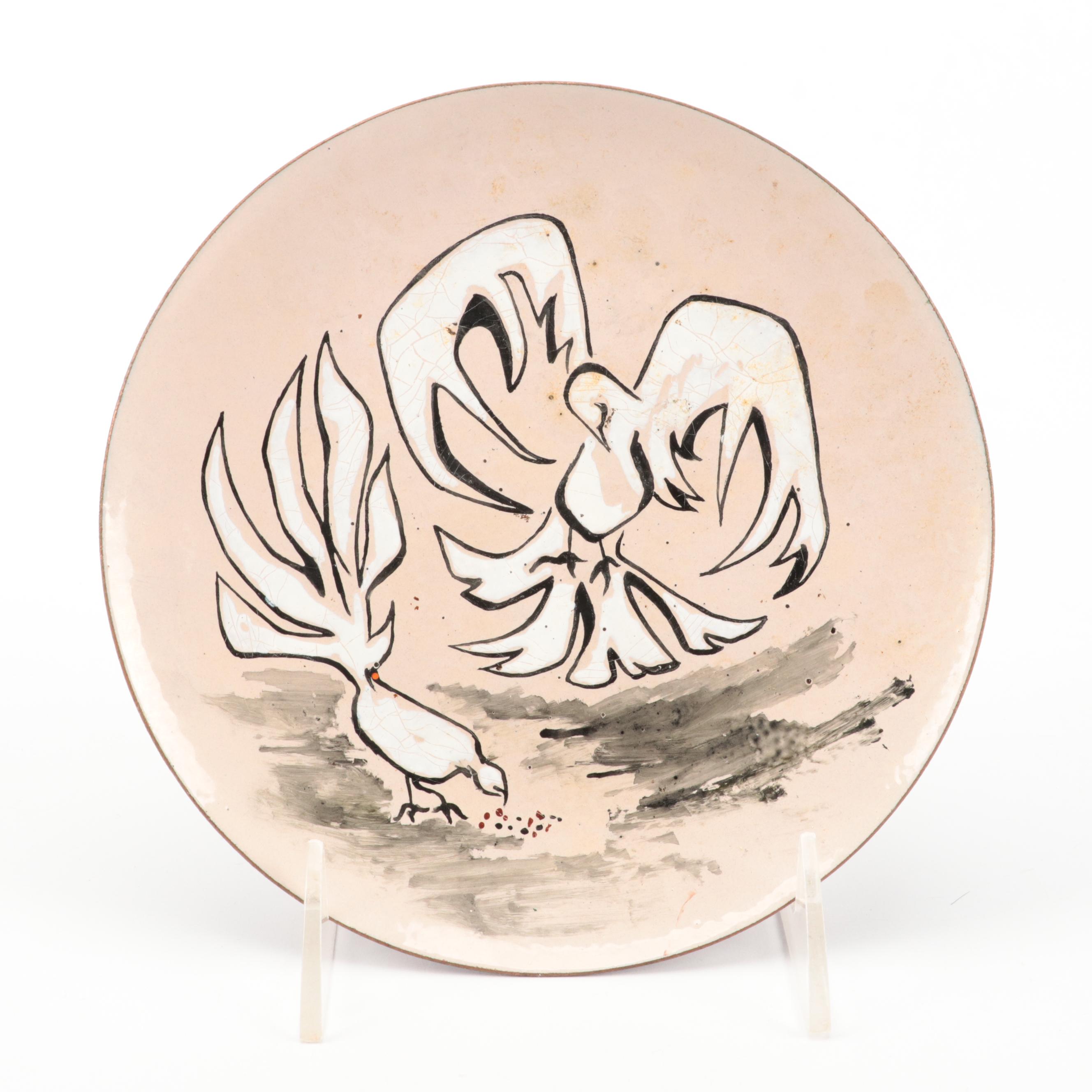 Artist Signed Hand-Painted Enameled Metal Dishes and Wall Plaque