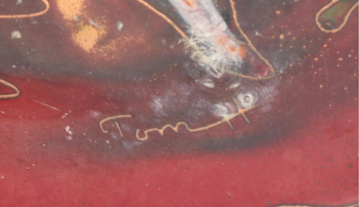 Artist Signed Hand-Painted Enameled Metal Dishes and Wall Plaque