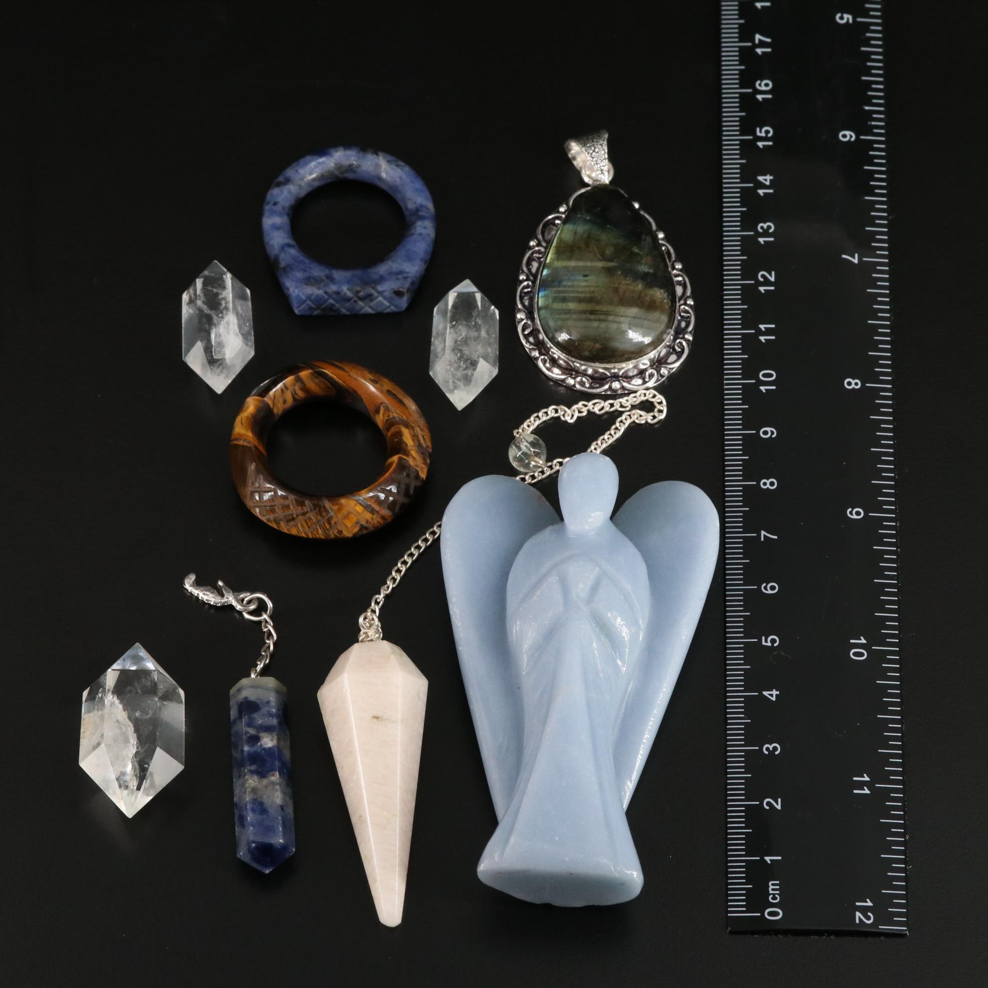 Polished Labradorite, Quartz and Tiger's Eye Rings, Pendants and Figurine