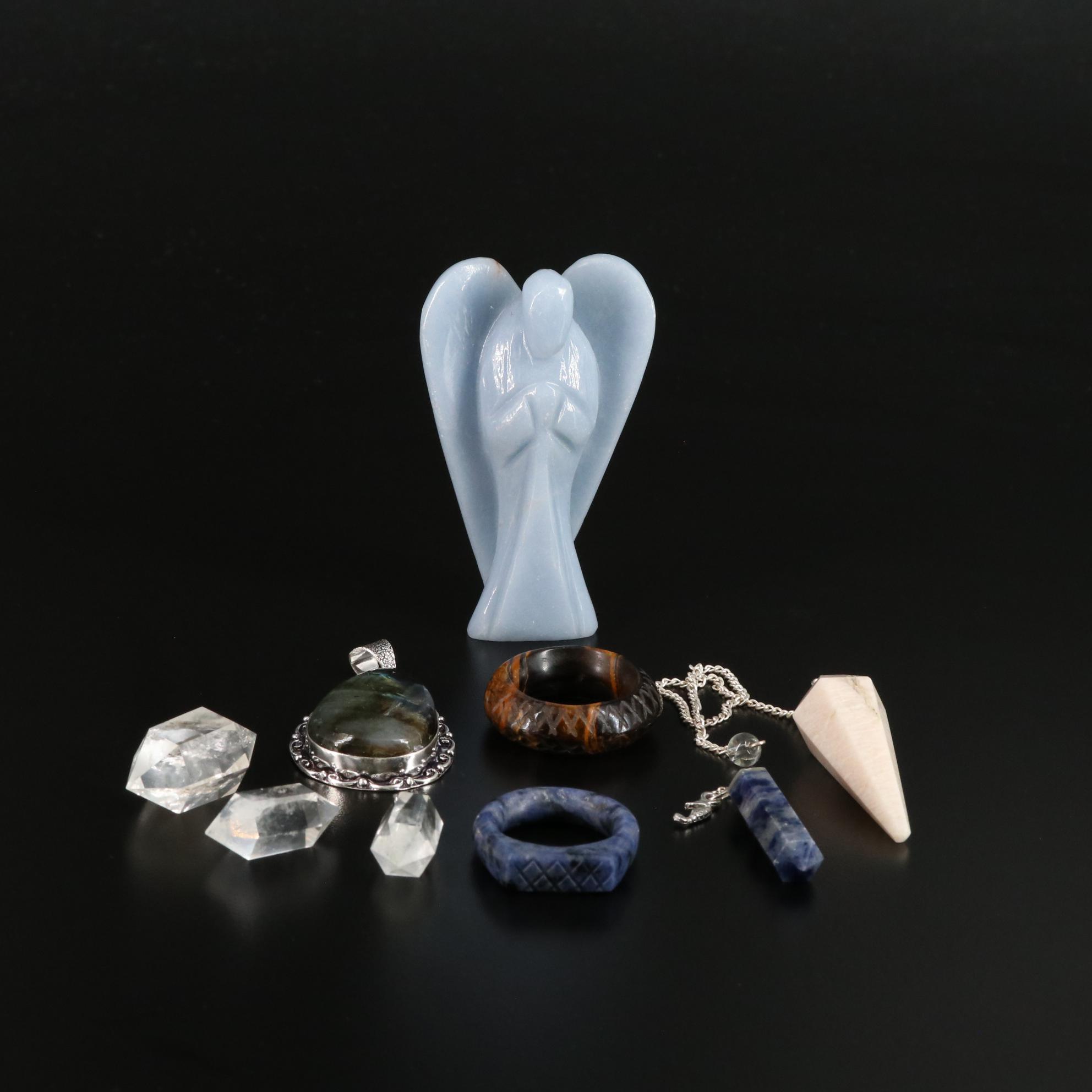 Polished Labradorite, Quartz and Tiger's Eye Rings, Pendants and Figurine