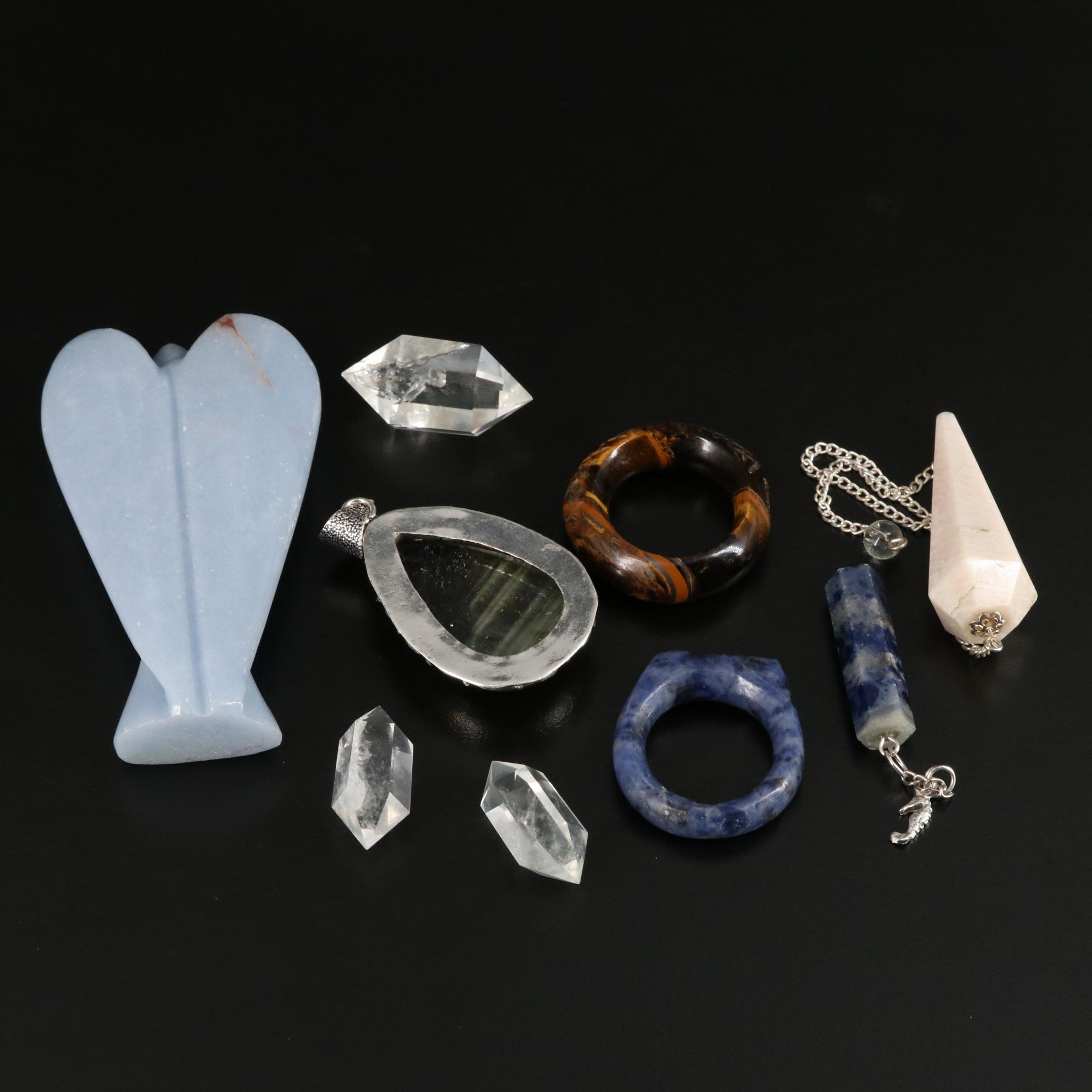 Polished Labradorite, Quartz and Tiger's Eye Rings, Pendants and Figurine