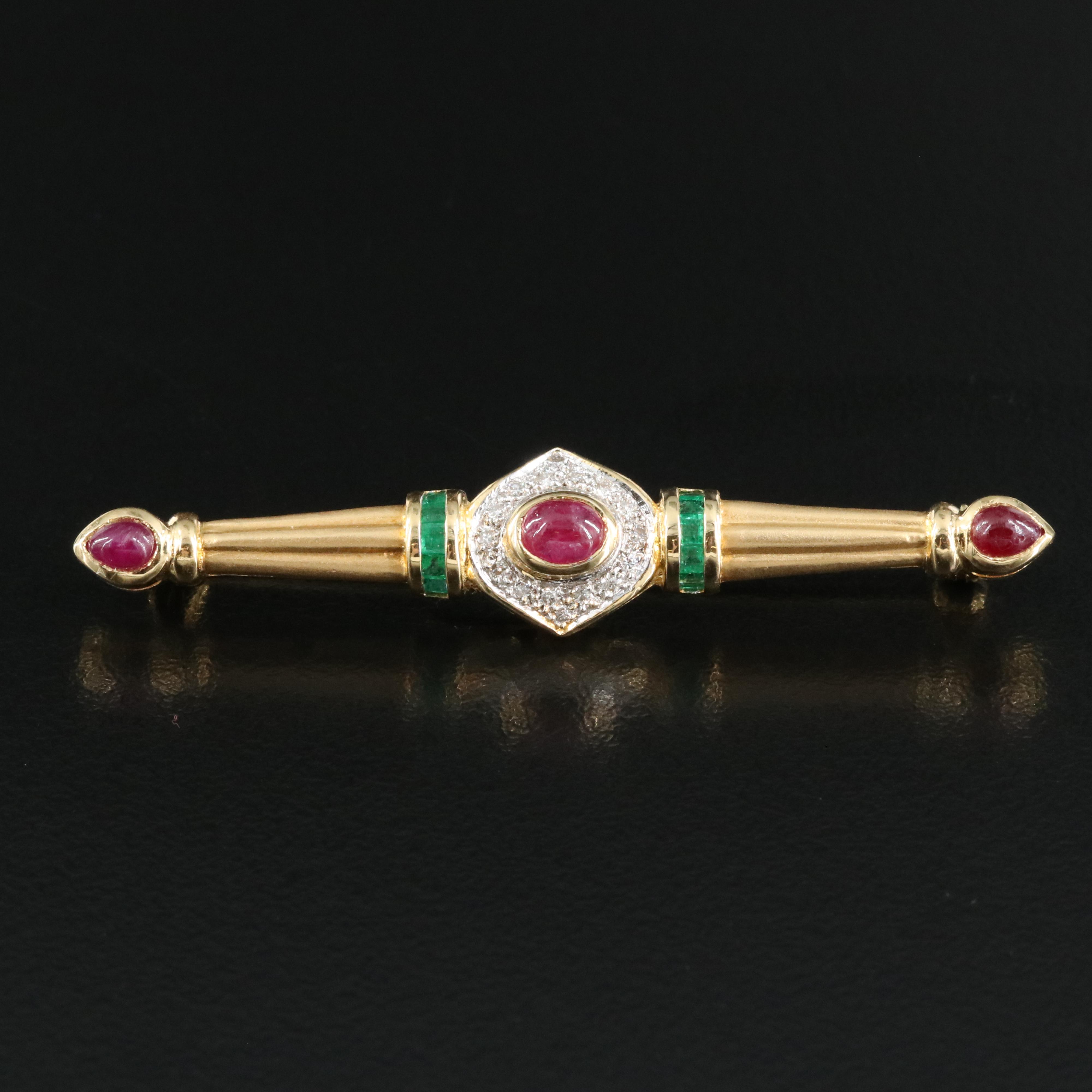 Vintage 18K Ruby, Emerald and Diamond Bar Brooch