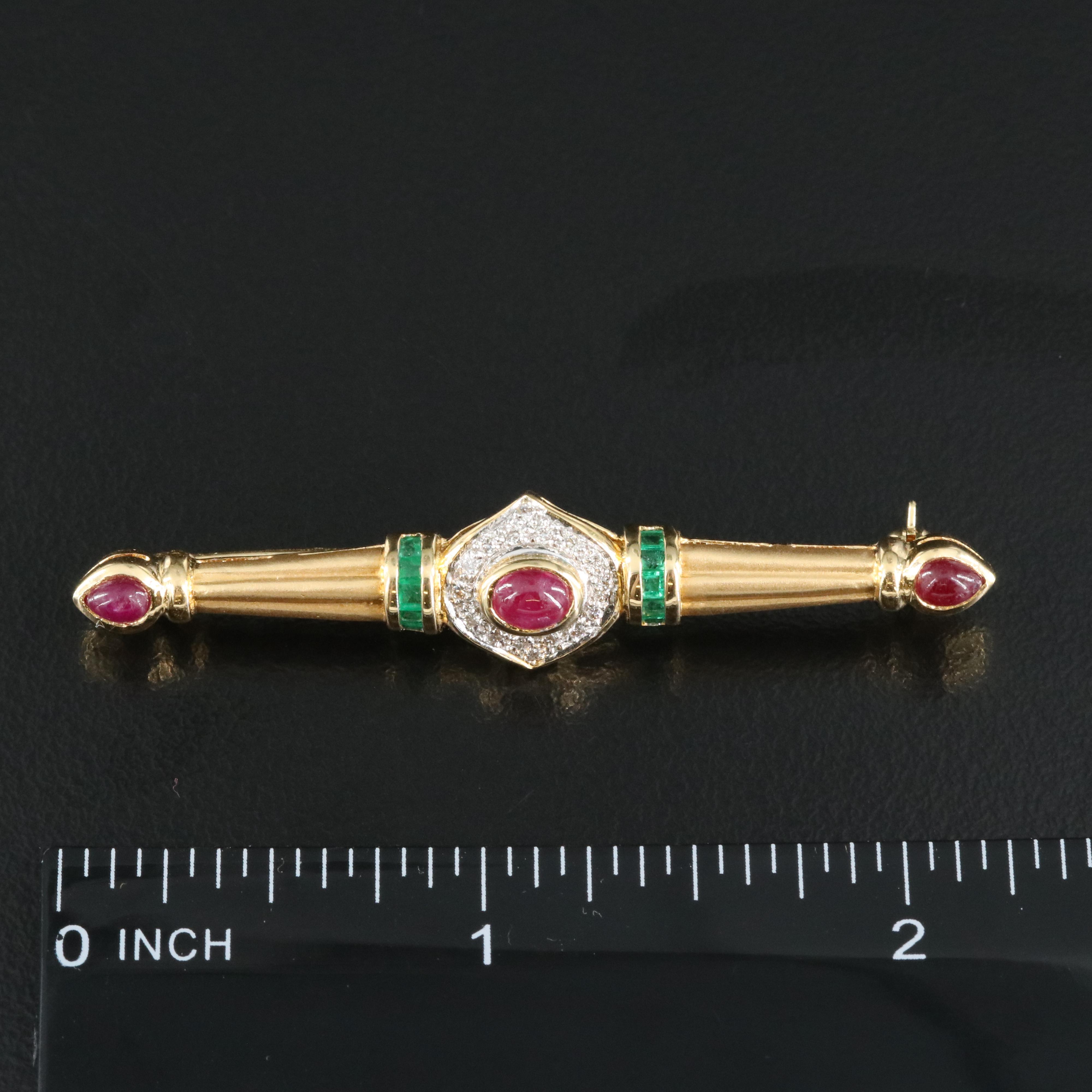 Vintage 18K Ruby, Emerald and Diamond Bar Brooch
