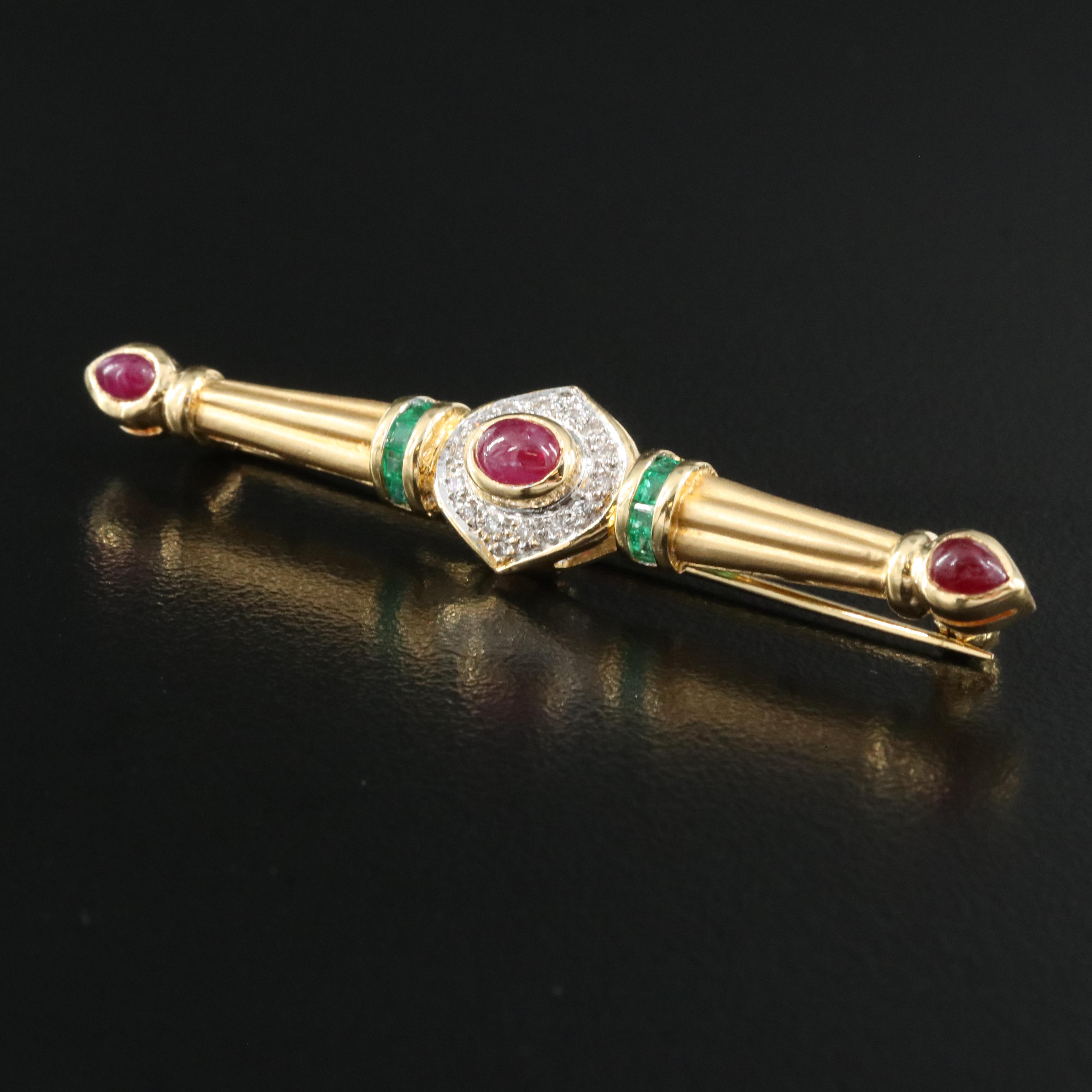Vintage 18K Ruby, Emerald and Diamond Bar Brooch