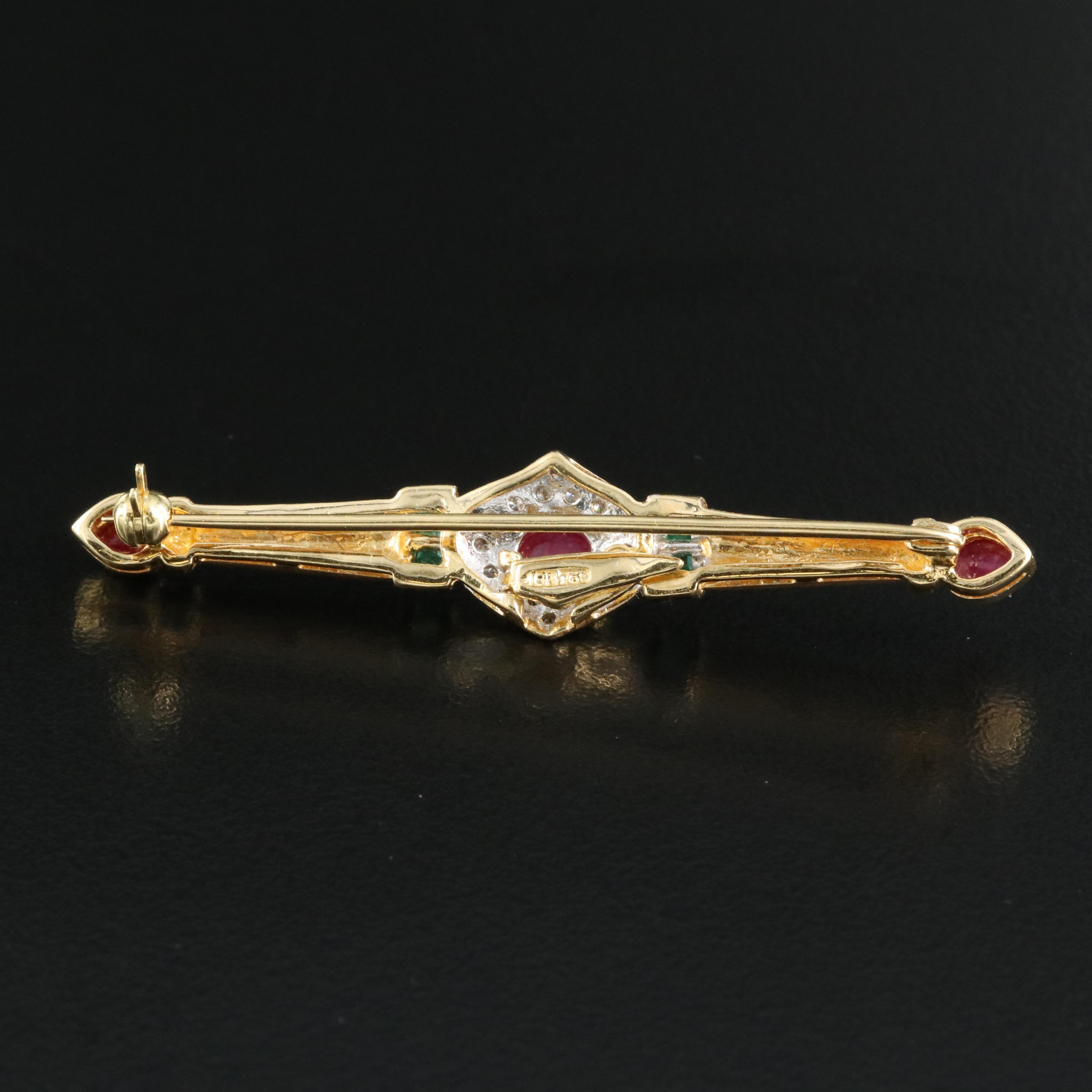 Vintage 18K Ruby, Emerald and Diamond Bar Brooch