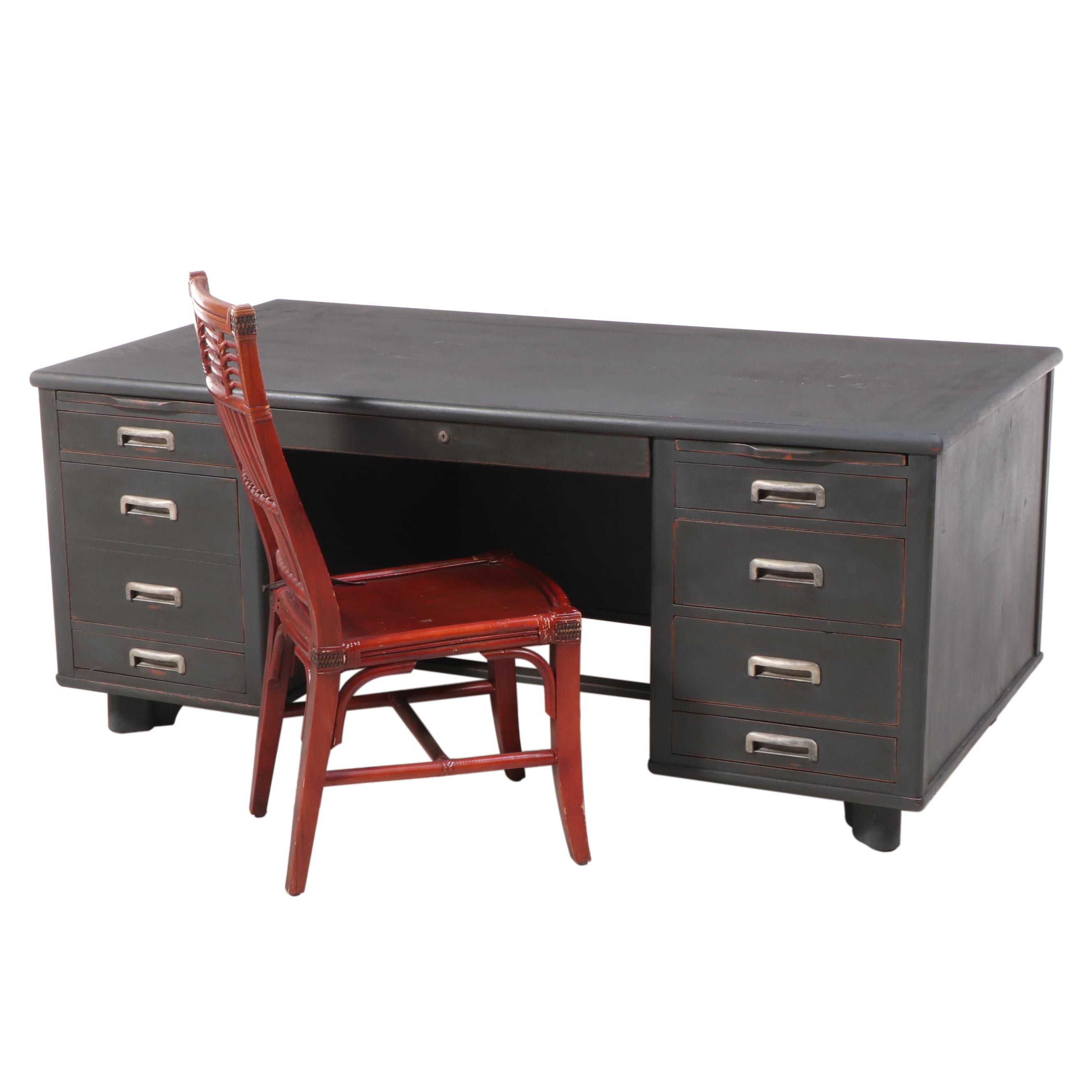Art Deco Style Charcoal-Painted Hardwood Desk with Associated Chair