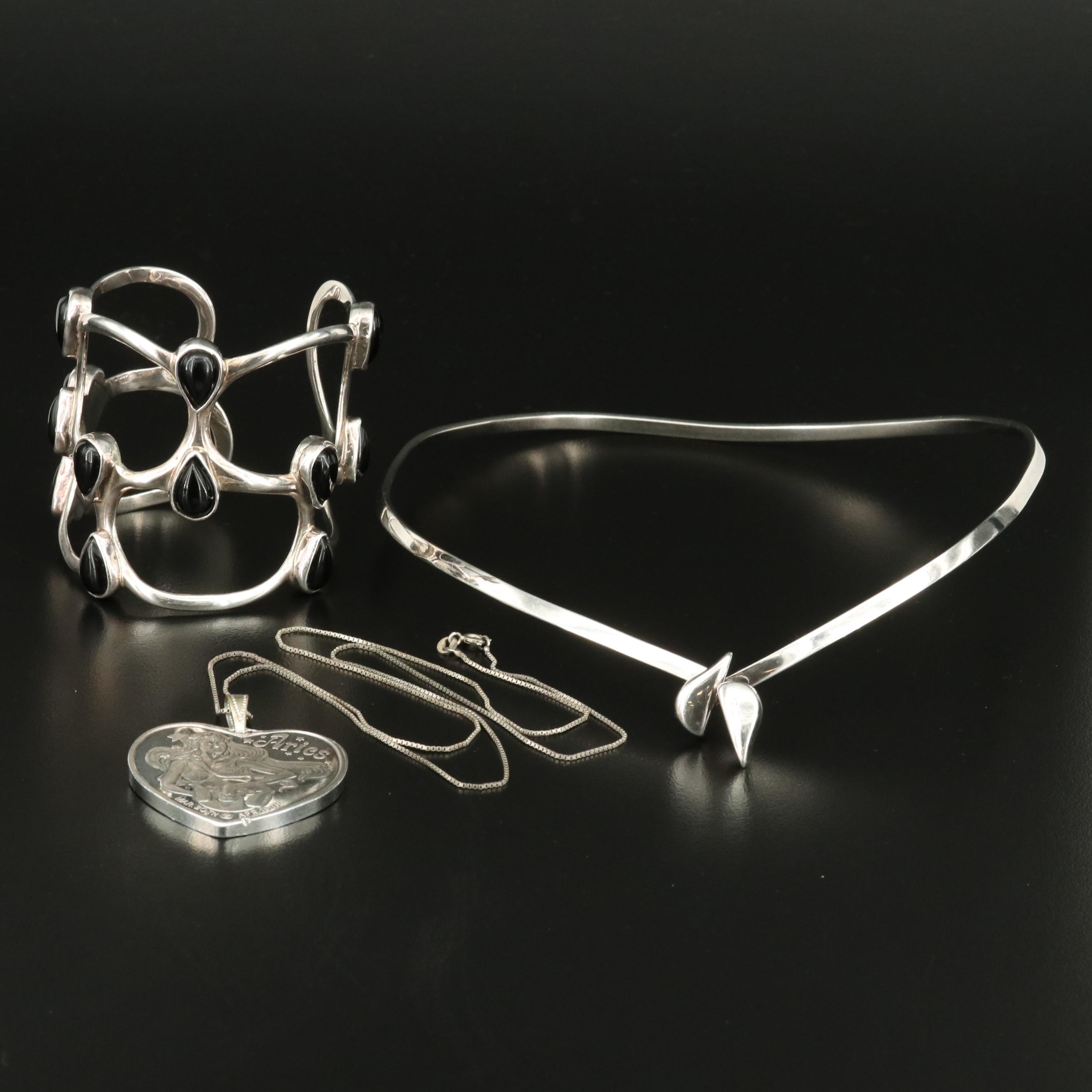 Sterling Collar, Black Onyx Cuff and Chain with Fine Silver Aries Pendant