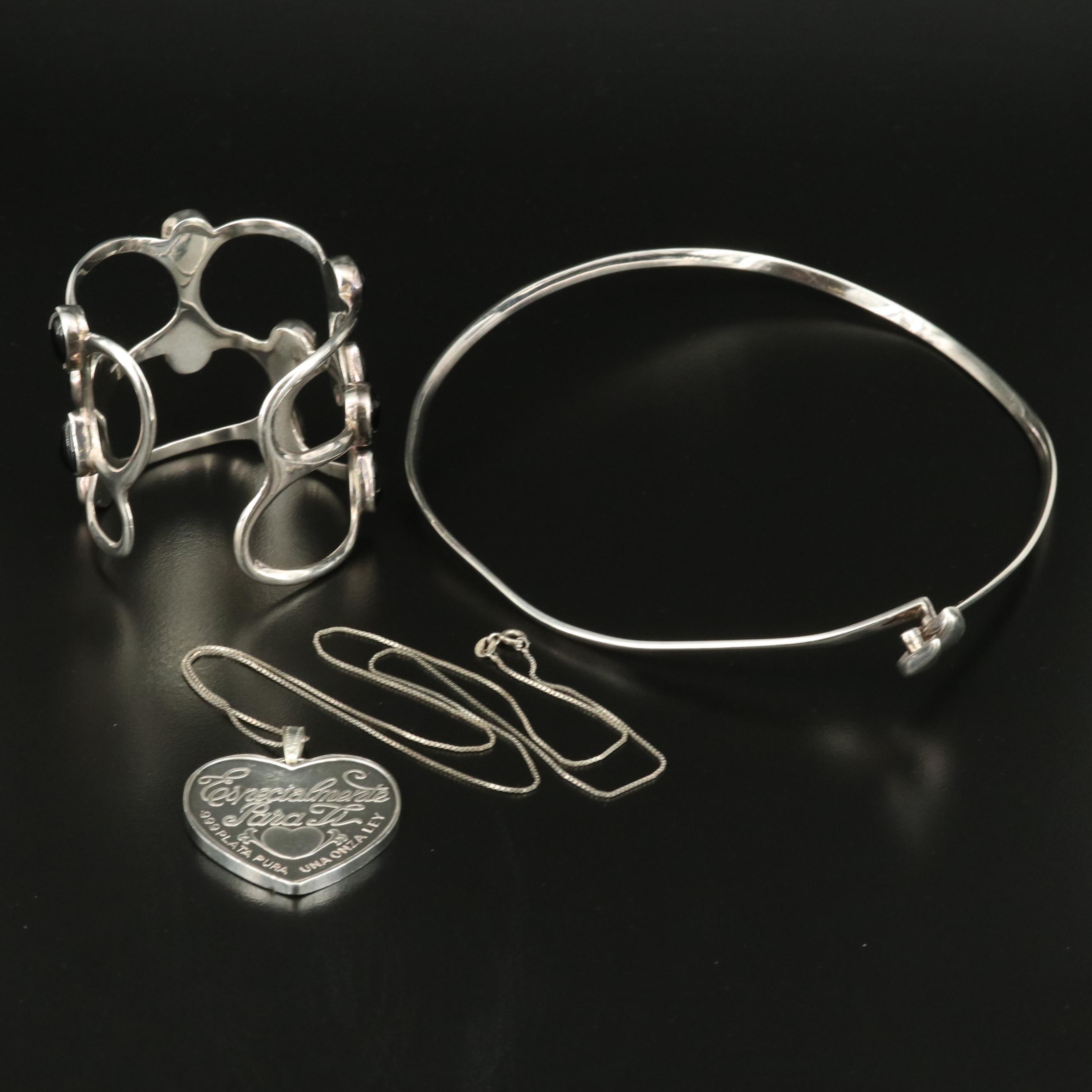 Sterling Collar, Black Onyx Cuff and Chain with Fine Silver Aries Pendant