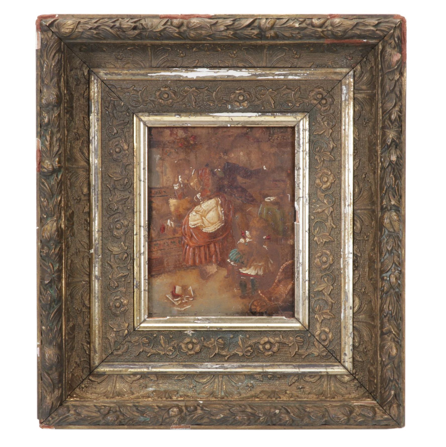 Domestic Scene Oil Painting of Parents and Child, 19th Century