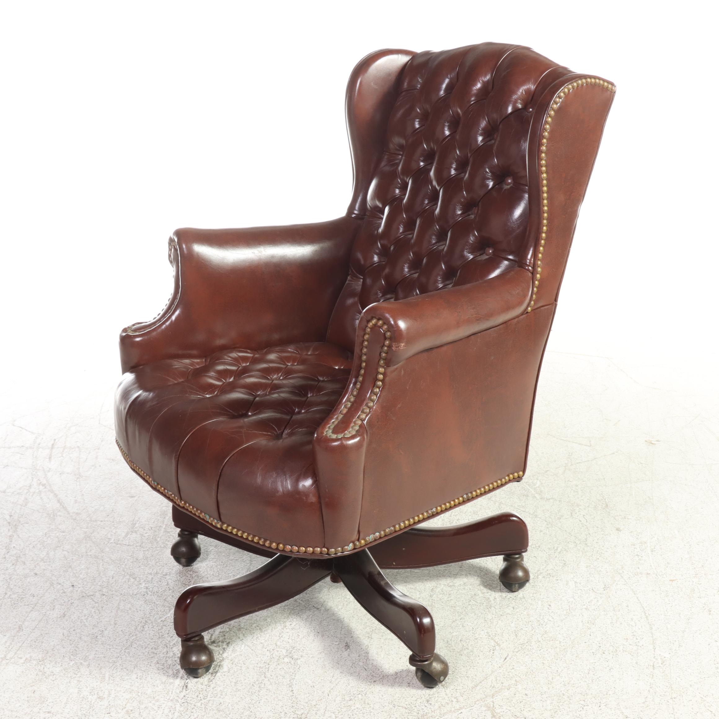 Hancock & Moore Mahogany & Buttoned-Down Leather Swivel-Tilt Wingback Desk Chair