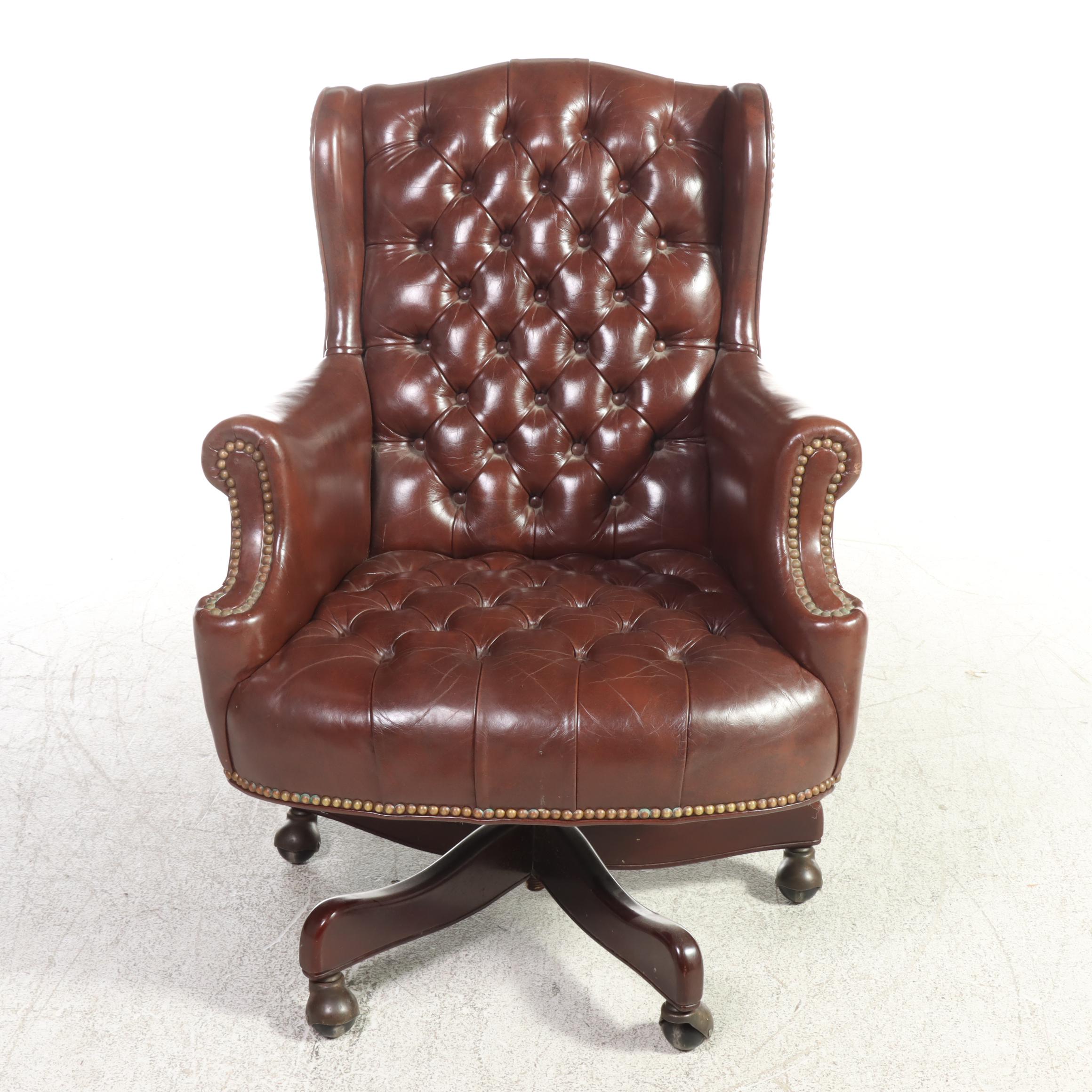 Hancock & Moore Mahogany & Buttoned-Down Leather Swivel-Tilt Wingback Desk Chair