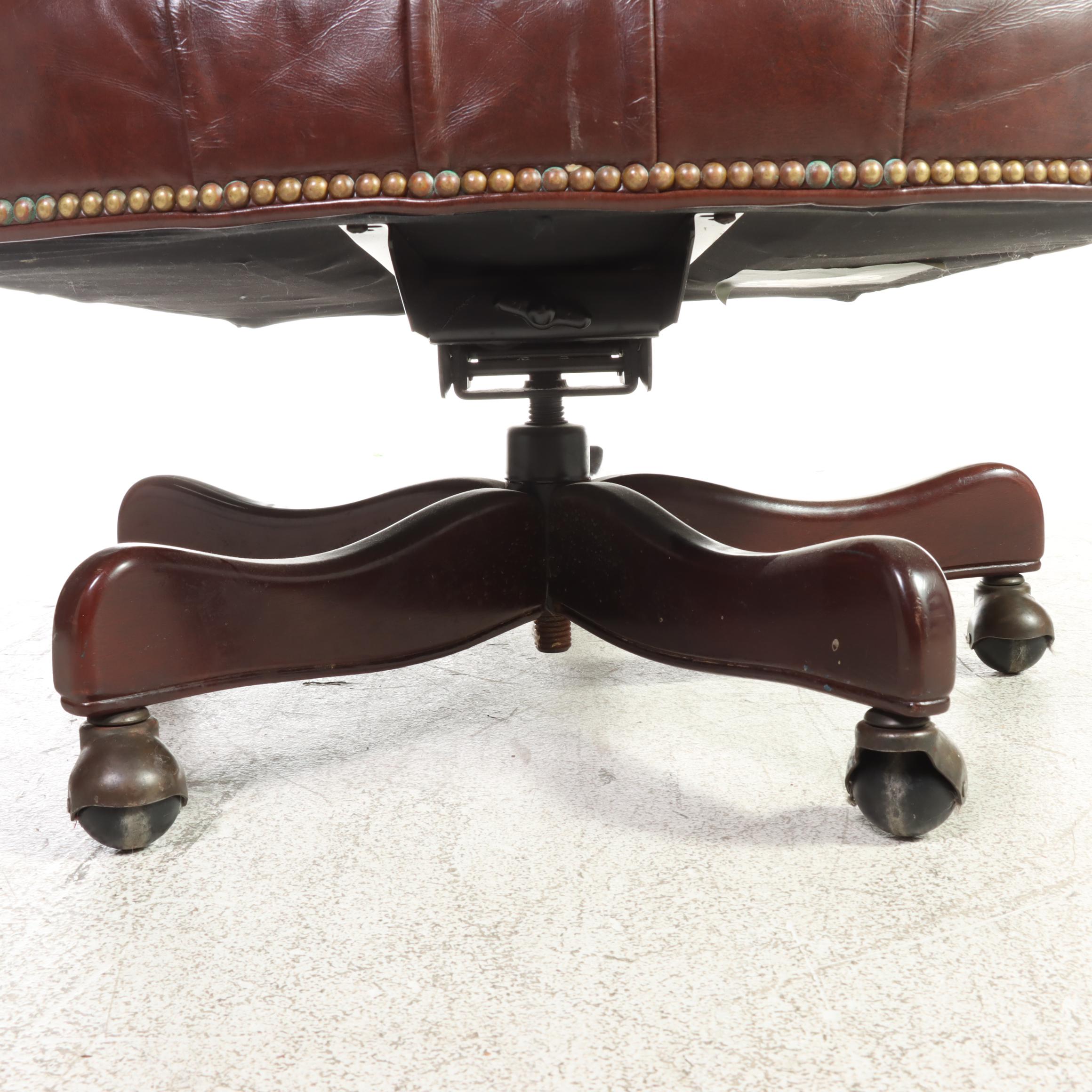 Hancock & Moore Mahogany & Buttoned-Down Leather Swivel-Tilt Wingback Desk Chair