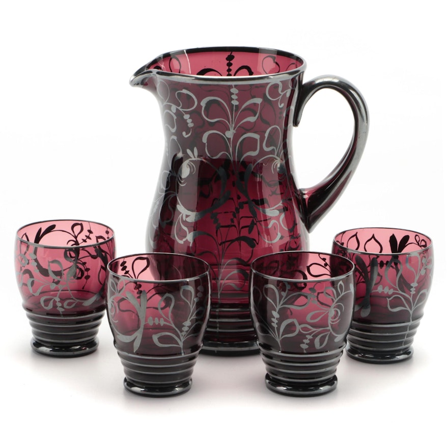 Amethyst Glass Pitcher and Tumblers with Silver Paint Overlay