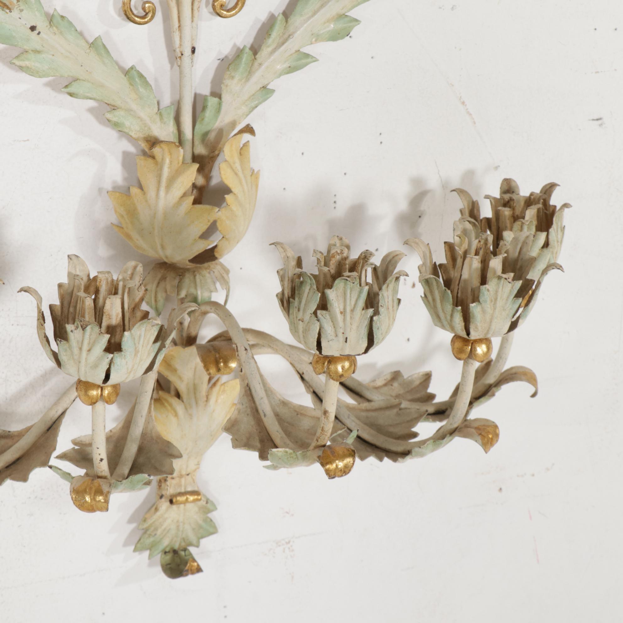 Italianate Style Parcel-Gilt Five-Arm Metal Candle Sconces, Late 20th Century