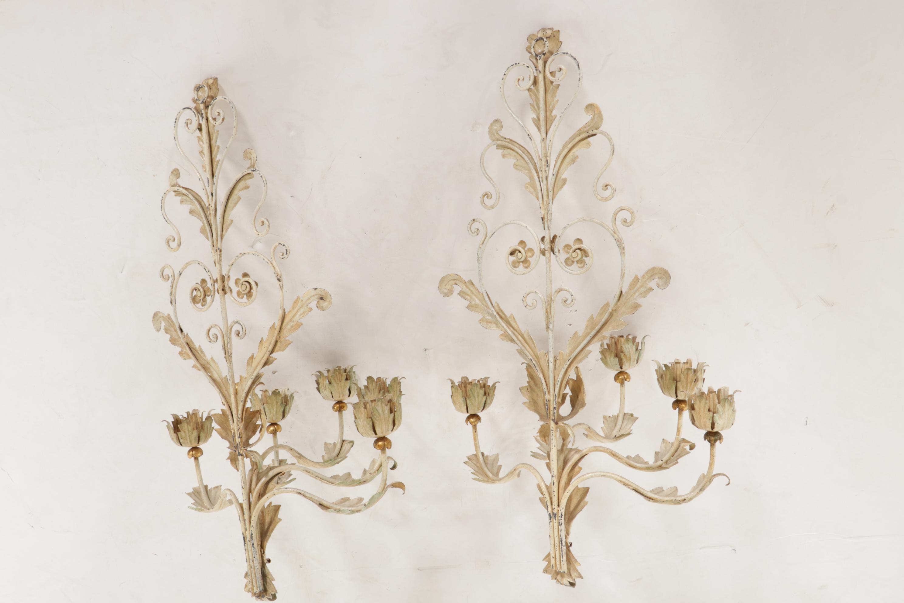 Italianate Style Parcel-Gilt Five-Arm Metal Candle Sconces, Late 20th Century