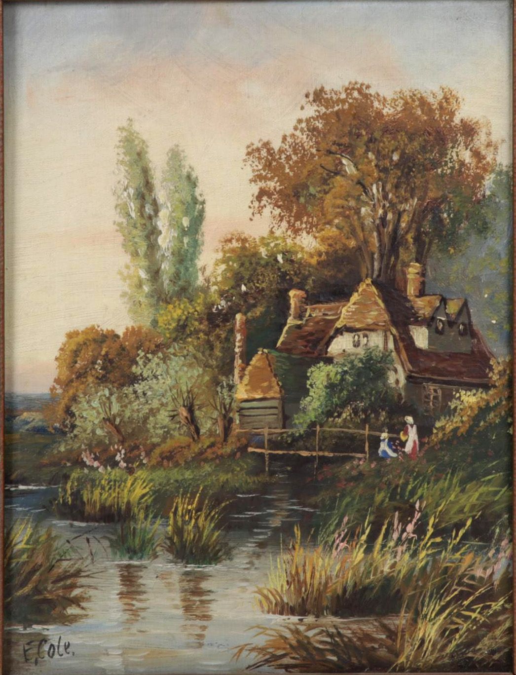 E. Cole Oil Painting of Cottage Beside Marshy Pond, Early 20th Century