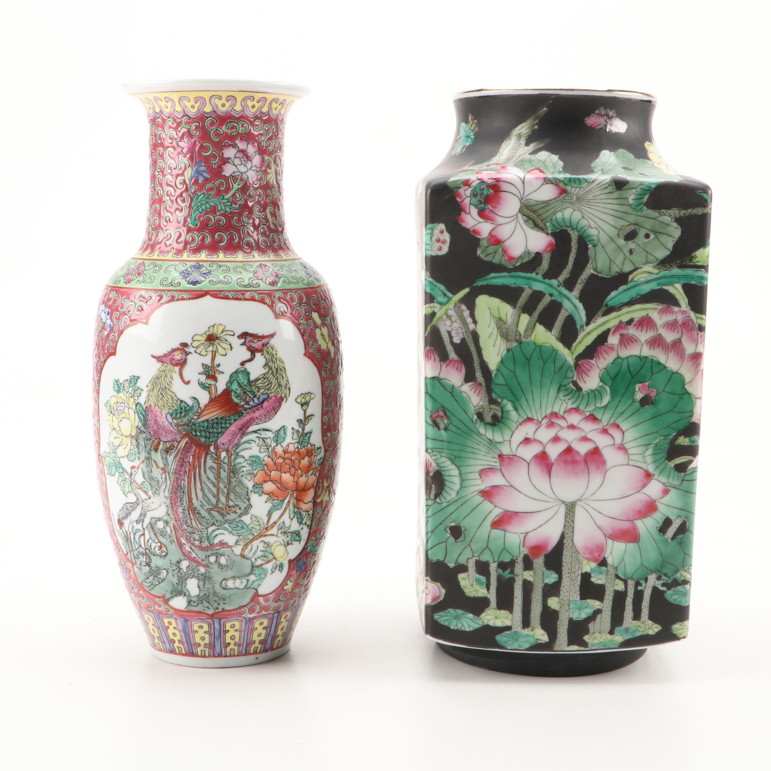Chinese Famille Noire Porcelain Cong Vase with Macau Enameled Vase