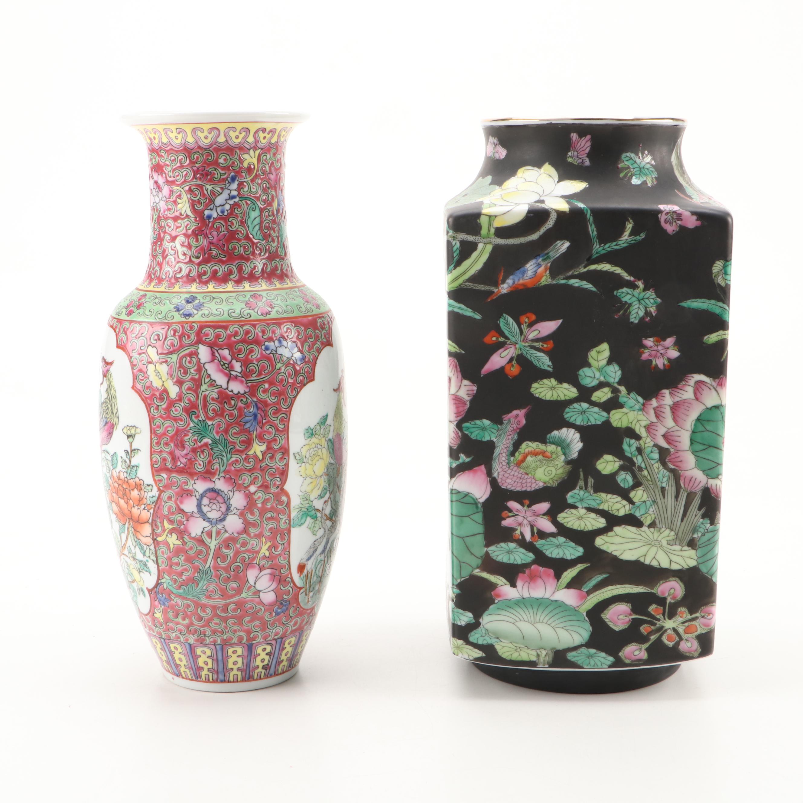 Chinese Famille Noire Porcelain Cong Vase with Macau Enameled Vase