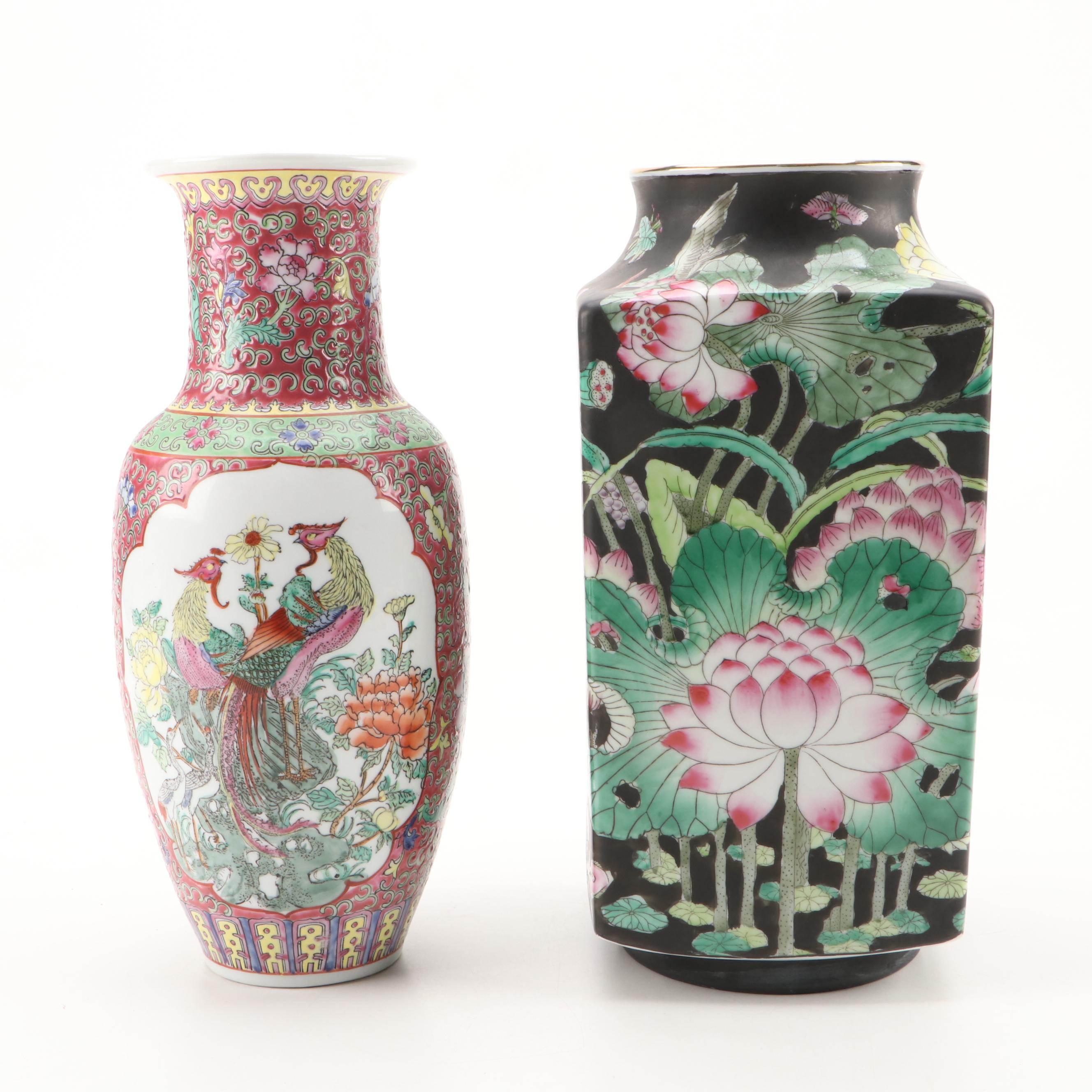 Chinese Famille Noire Porcelain Cong Vase with Macau Enameled Vase
