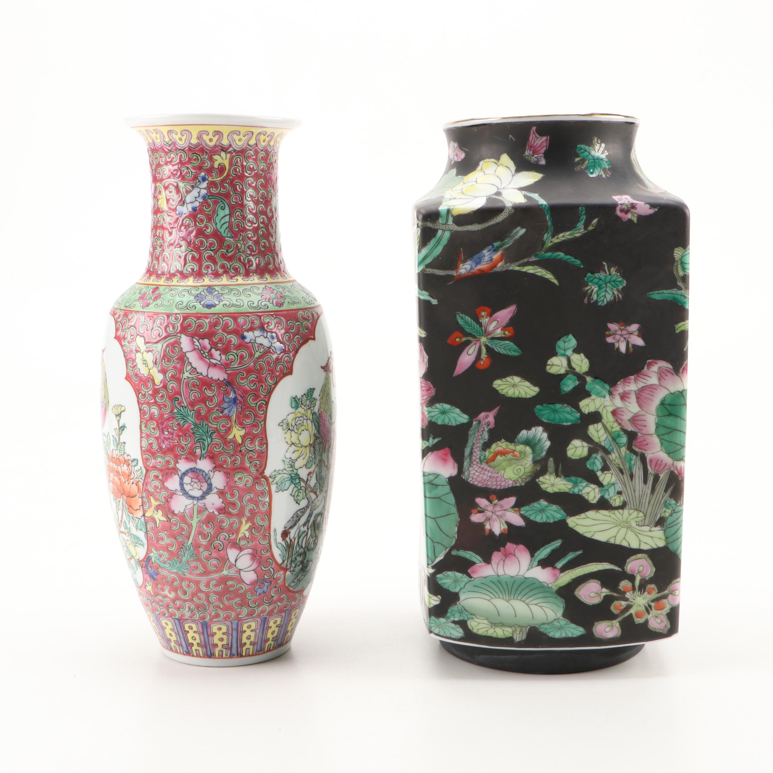 Chinese Famille Noire Porcelain Cong Vase with Macau Enameled Vase