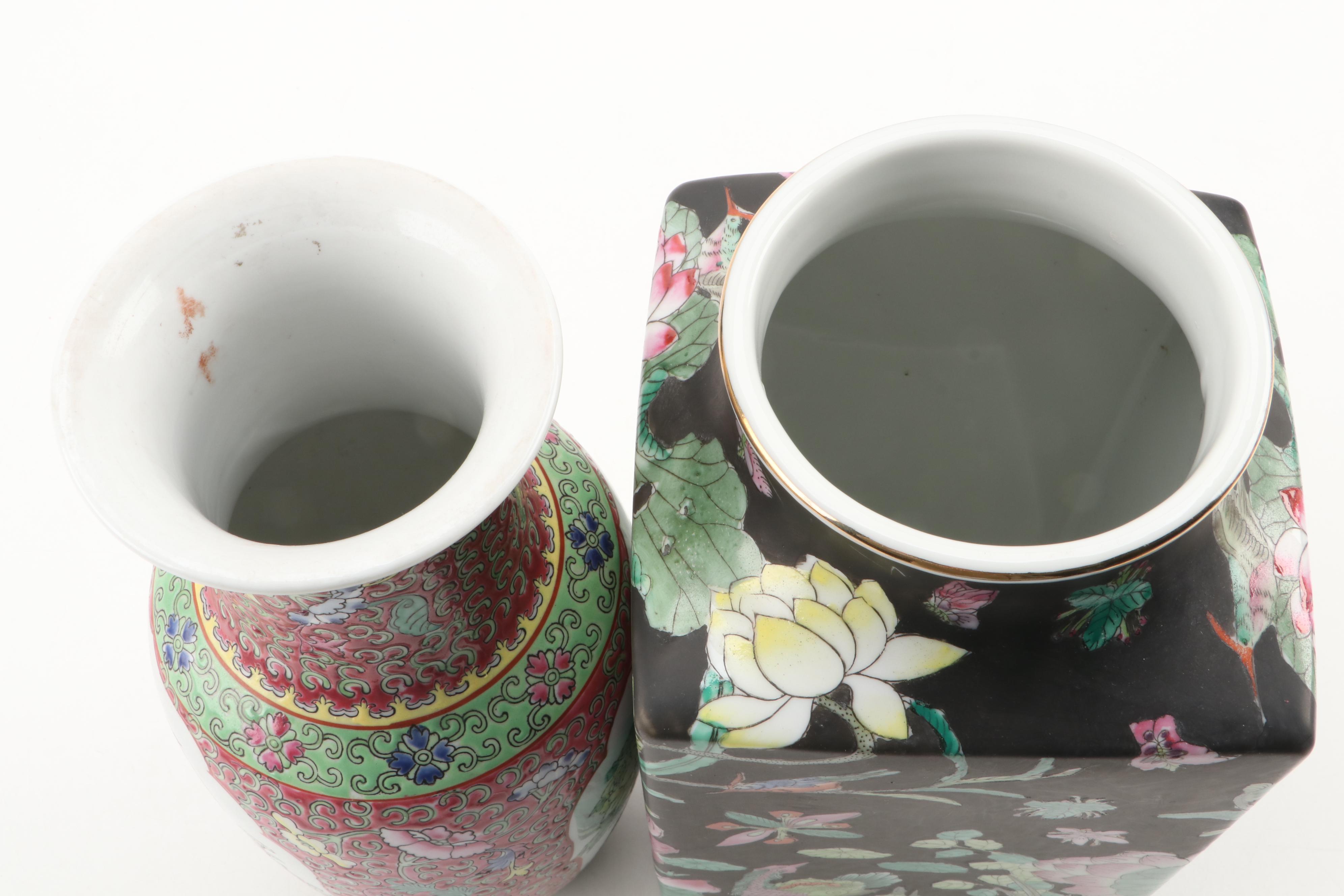 Chinese Famille Noire Porcelain Cong Vase with Macau Enameled Vase