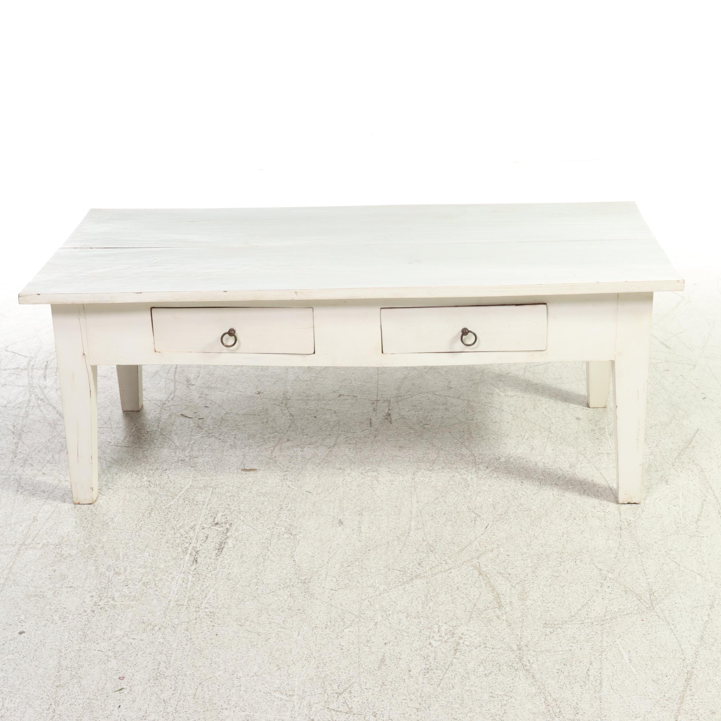 American Primitive Style White-Painted Two-Drawer Coffee Table