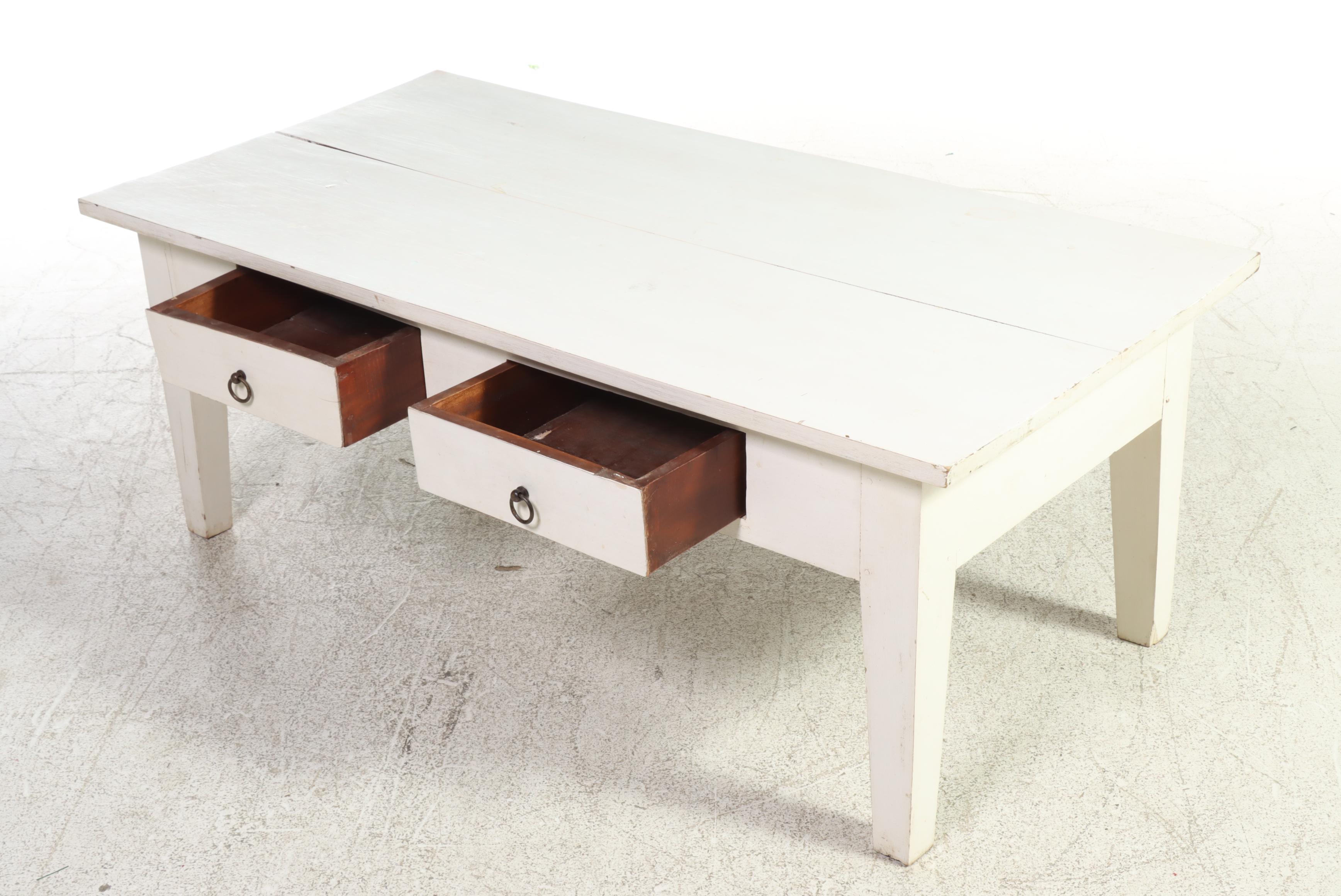 American Primitive Style White-Painted Two-Drawer Coffee Table