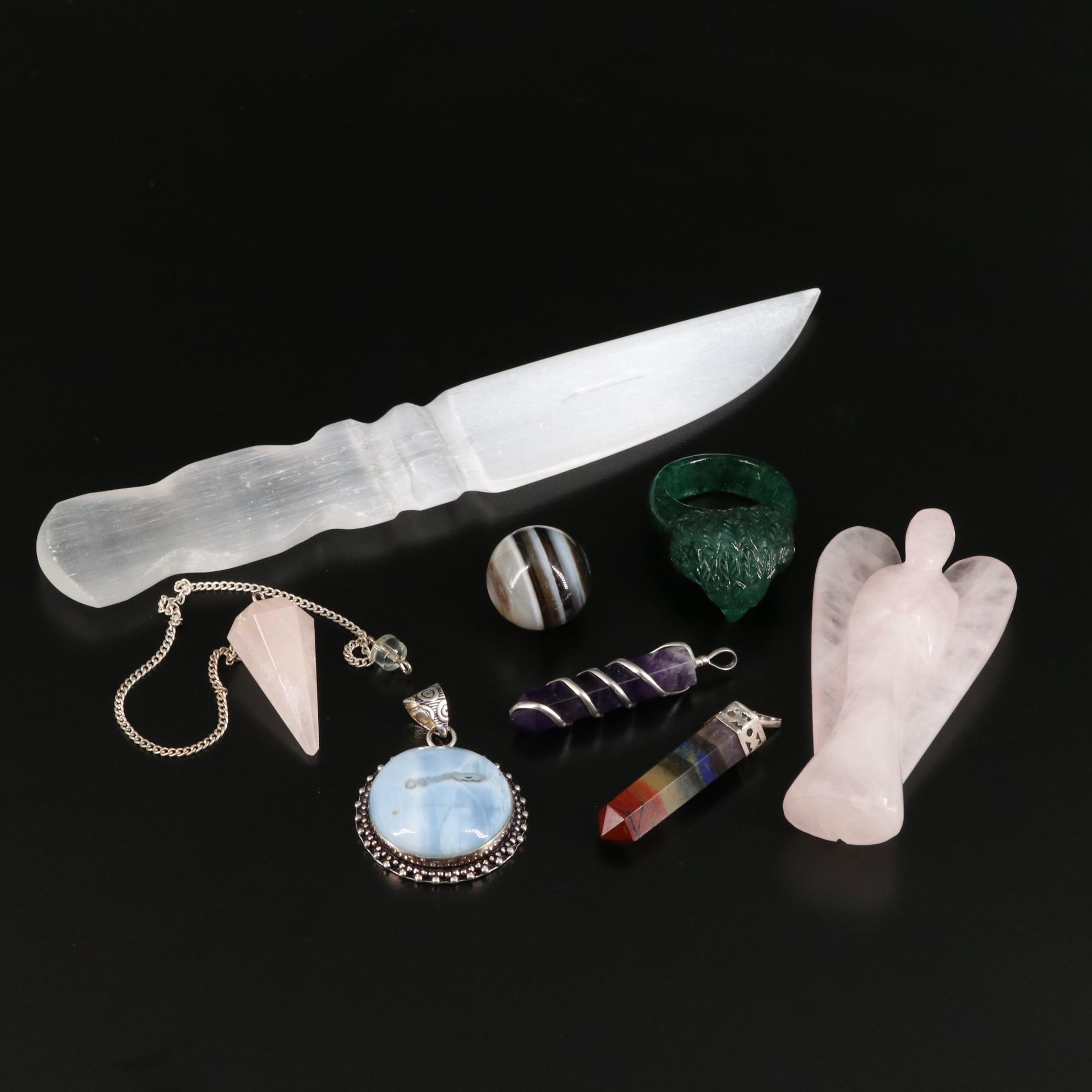 Selenite Letter Opener with Rose Quartz and Agate Pendants and Figurine