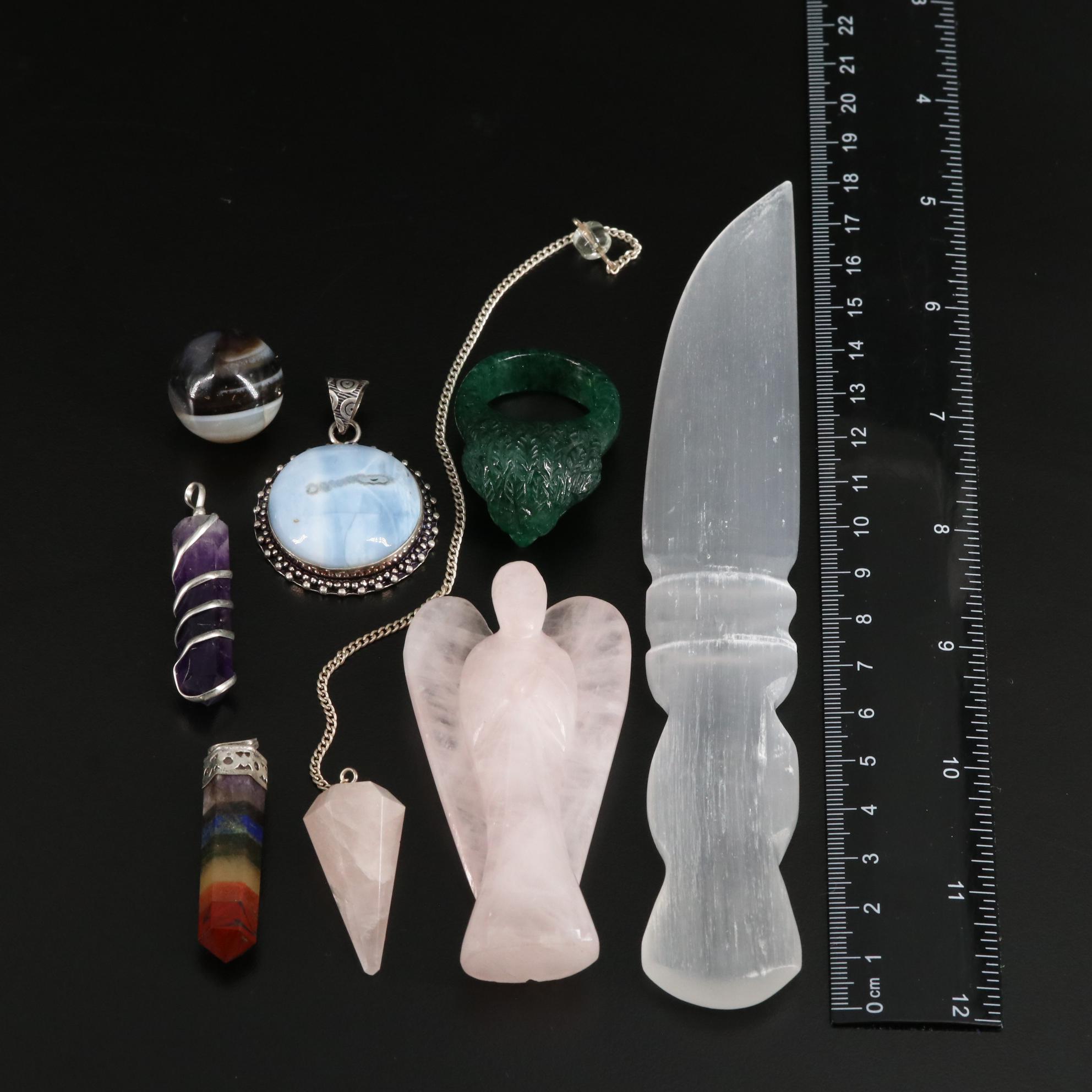 Selenite Letter Opener with Rose Quartz and Agate Pendants and Figurine